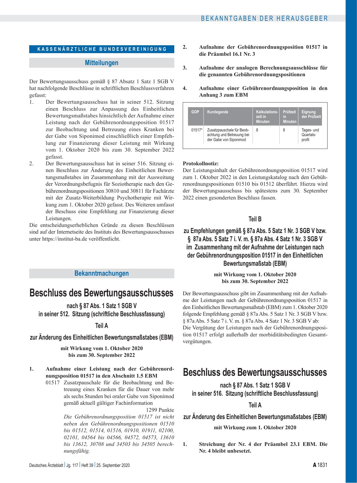 Vorschauseite 1: Beschluss des Bewertungsausschusses nach § 87 Abs. 1 Satz 1 SGB V in seiner 512. Sitzung (schriftliche Beschlussfassung)