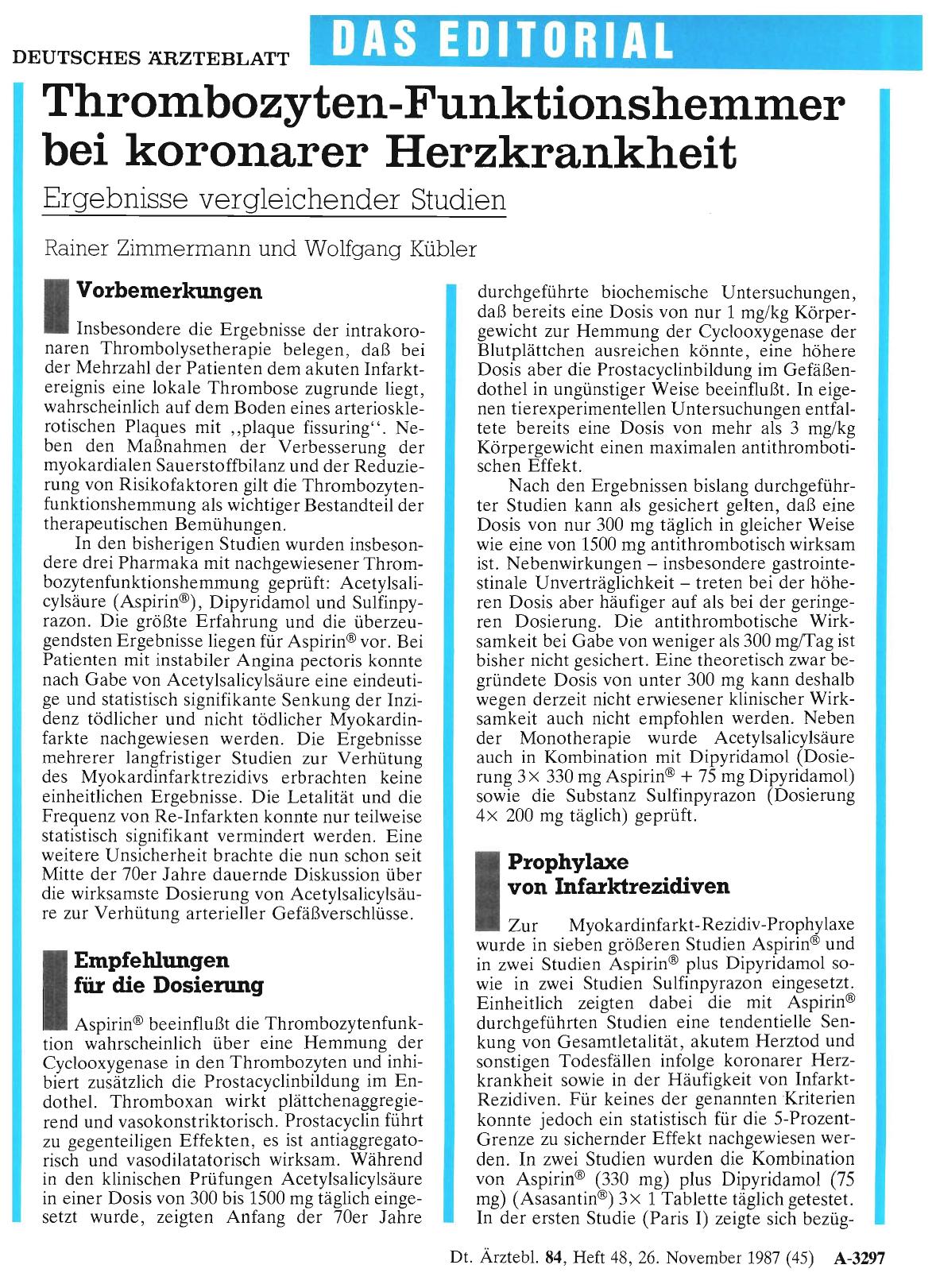 Vorschauseite 1: Thrombozyten-Funktionshemmer bei koronarer Herzkrankheit: Ergebnisse vergleichender Studien