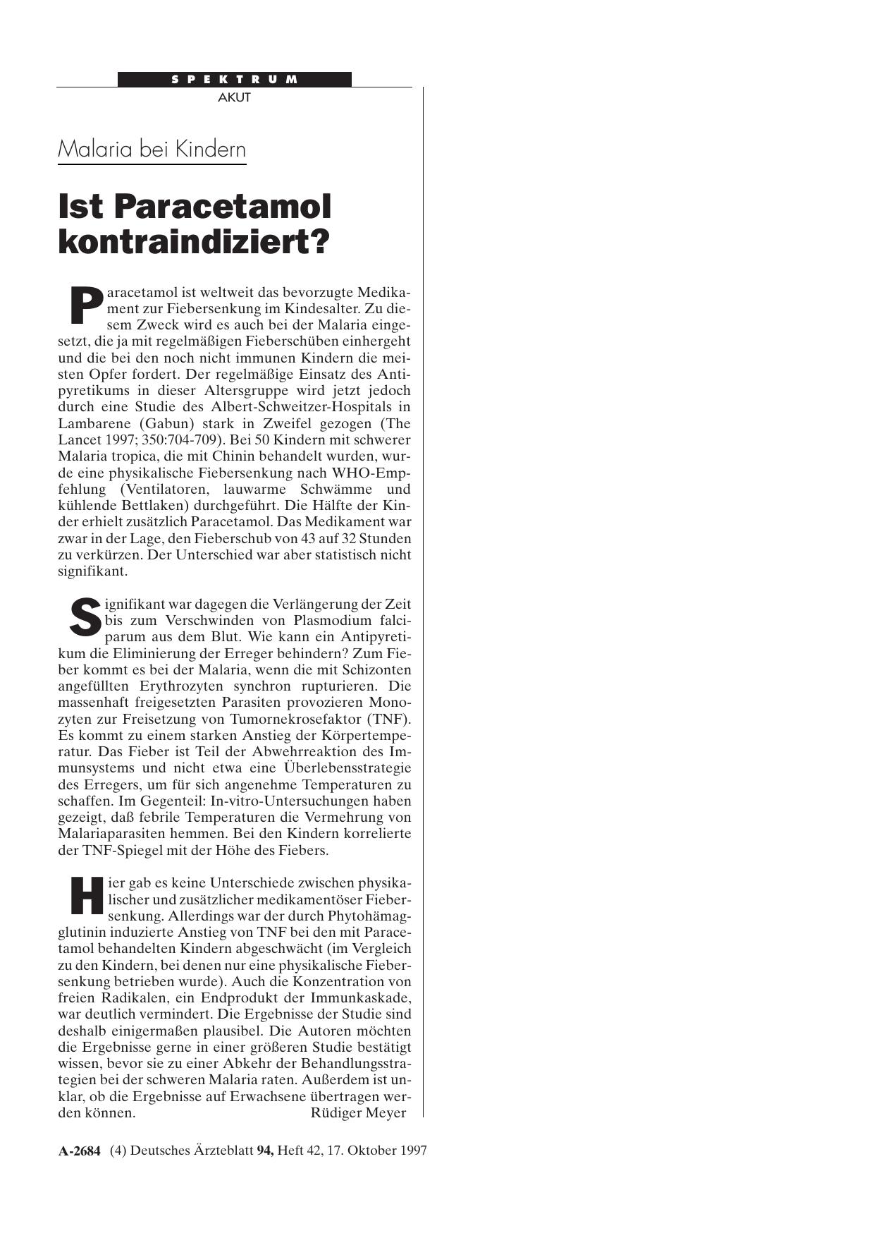 Vorschauseite 1: Malaria bei Kindern: Ist Paracetamol kontraindiziert?