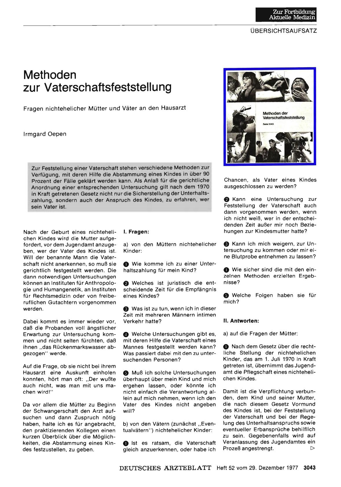 Vorschauseite 1: Methoden zur Vaterschaftsfeststellung: Fragen nichtehelicher Mütter und Väter an den Hausarzt