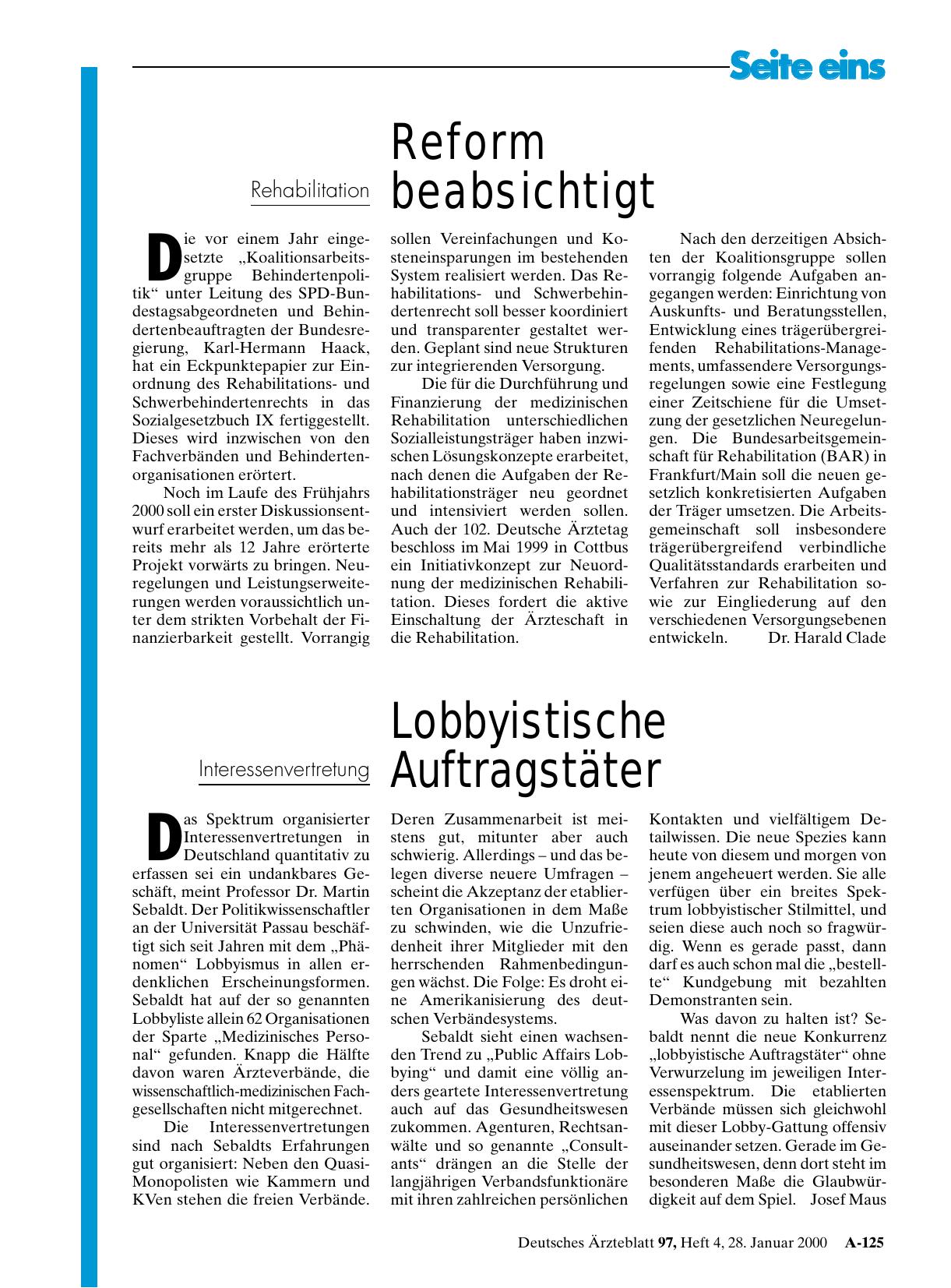 Vorschauseite 1: Rehabilitation: Reform beabsichtigt