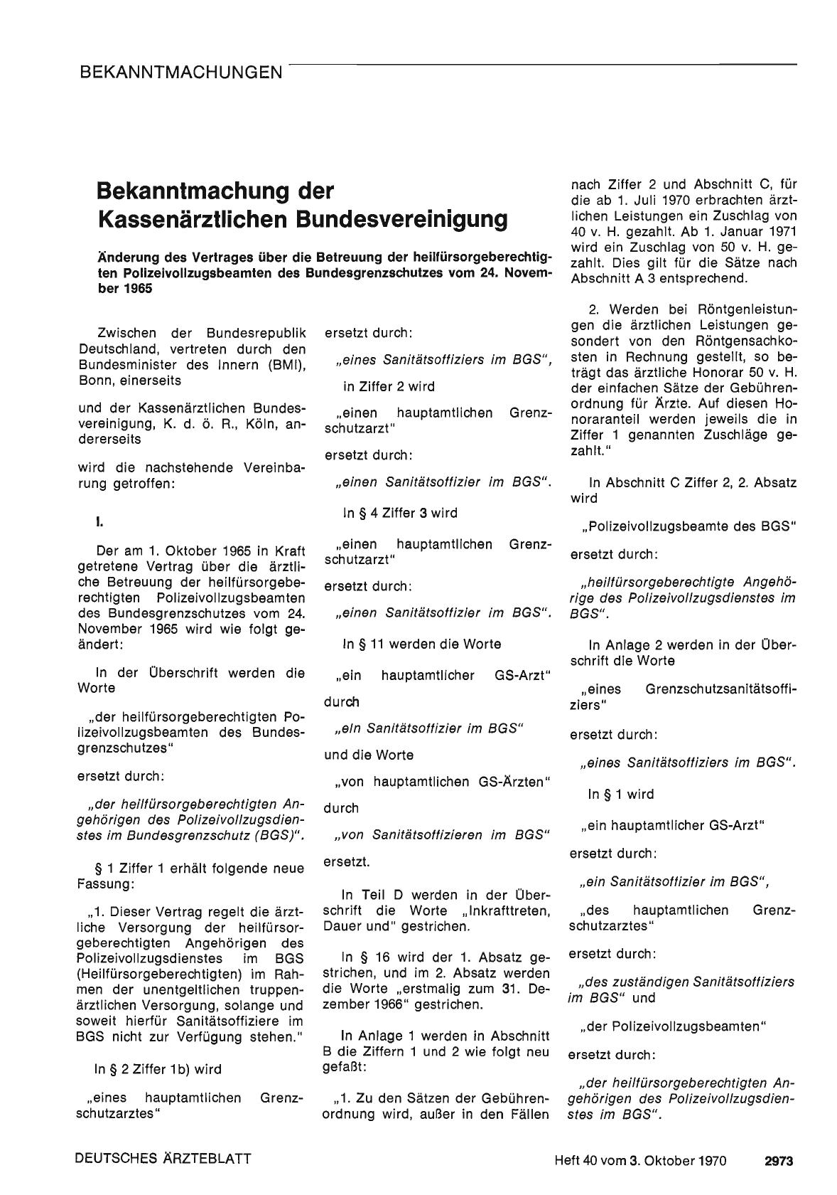Vorschauseite 1: Bekanntmachung der Kassenärztlichen Bundesvereinigung: Änderung des Vertrages über die Betreuung der heilfürsorgeberechtigten Polizeivollzugsbeamten des Bundesgrenzschutzes vom 24…
