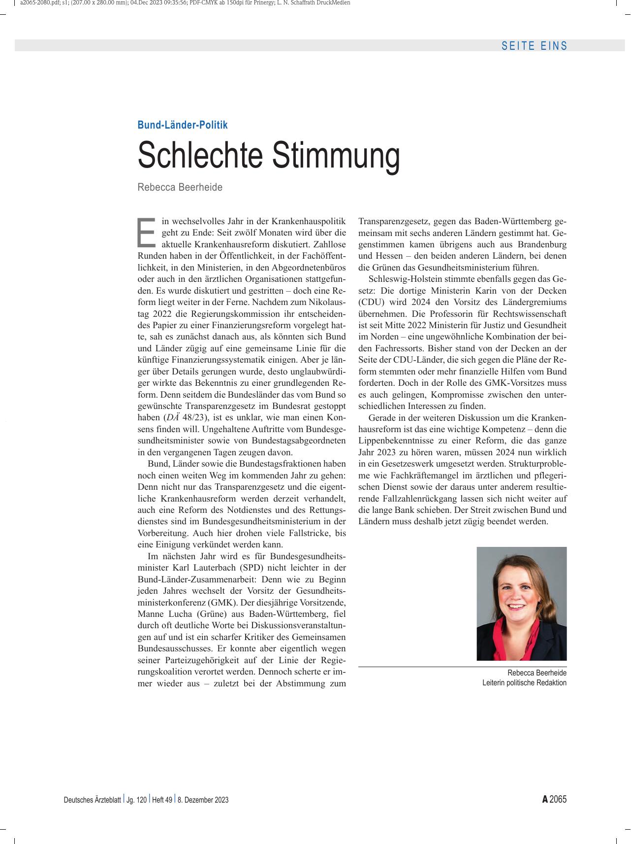 Vorschauseite 1: Bund-Länder-Politik: Schlechte Stimmung