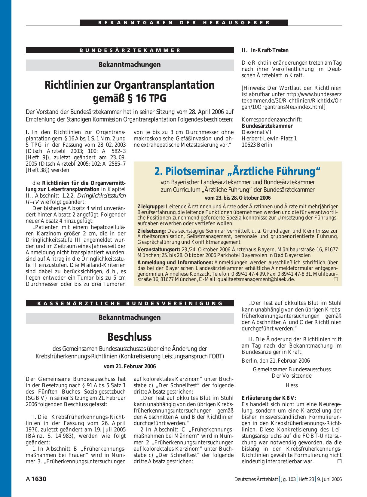 Vorschauseite 1: Bekanntmachungen: Richtlinien zur Organtransplantation gemäß § 16 TPG