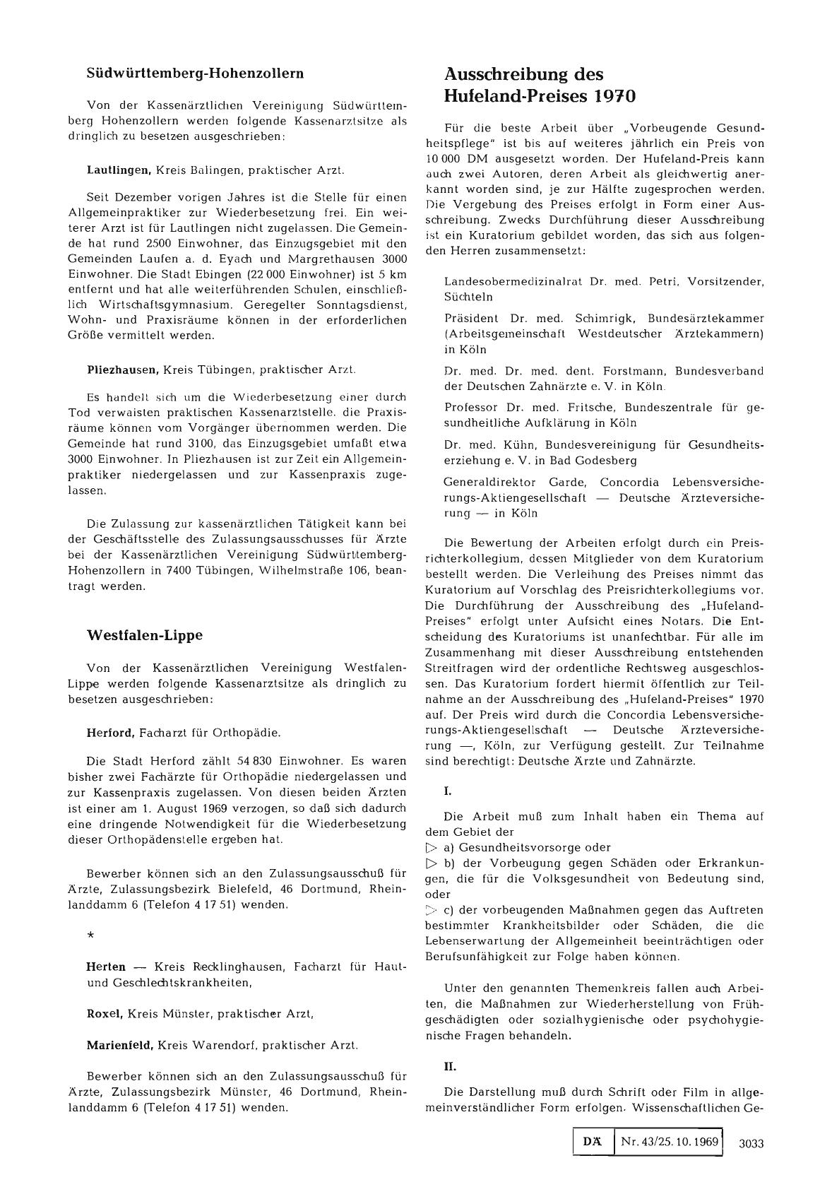 Vorschauseite 1: Ausschreibung des Hufeland-Preises 1970