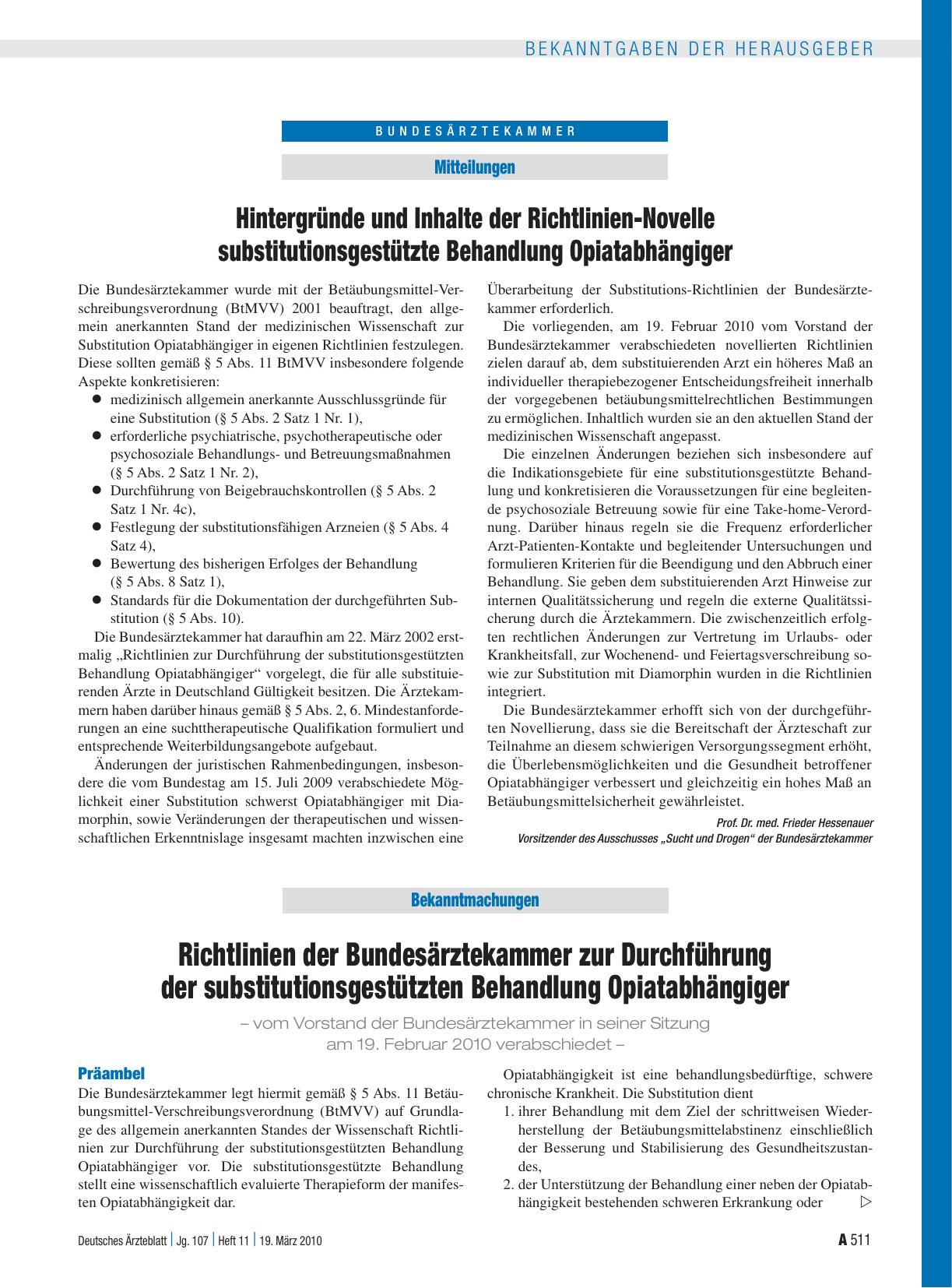 Vorschauseite 1: Bekanntmachungen: Richtlinien der Bundesärztekammer zur Durchführung der substitutionsgestützten Behandlung Opiatabhängiger – vom Vorstand der Bundesärztekammer in seiner Sitzung…