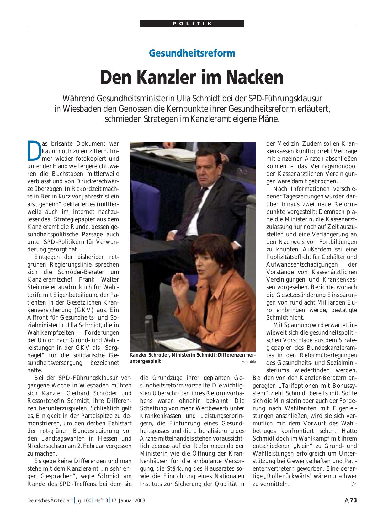 Vorschauseite 1: Gesundheitsreform: Den Kanzler im Nacken