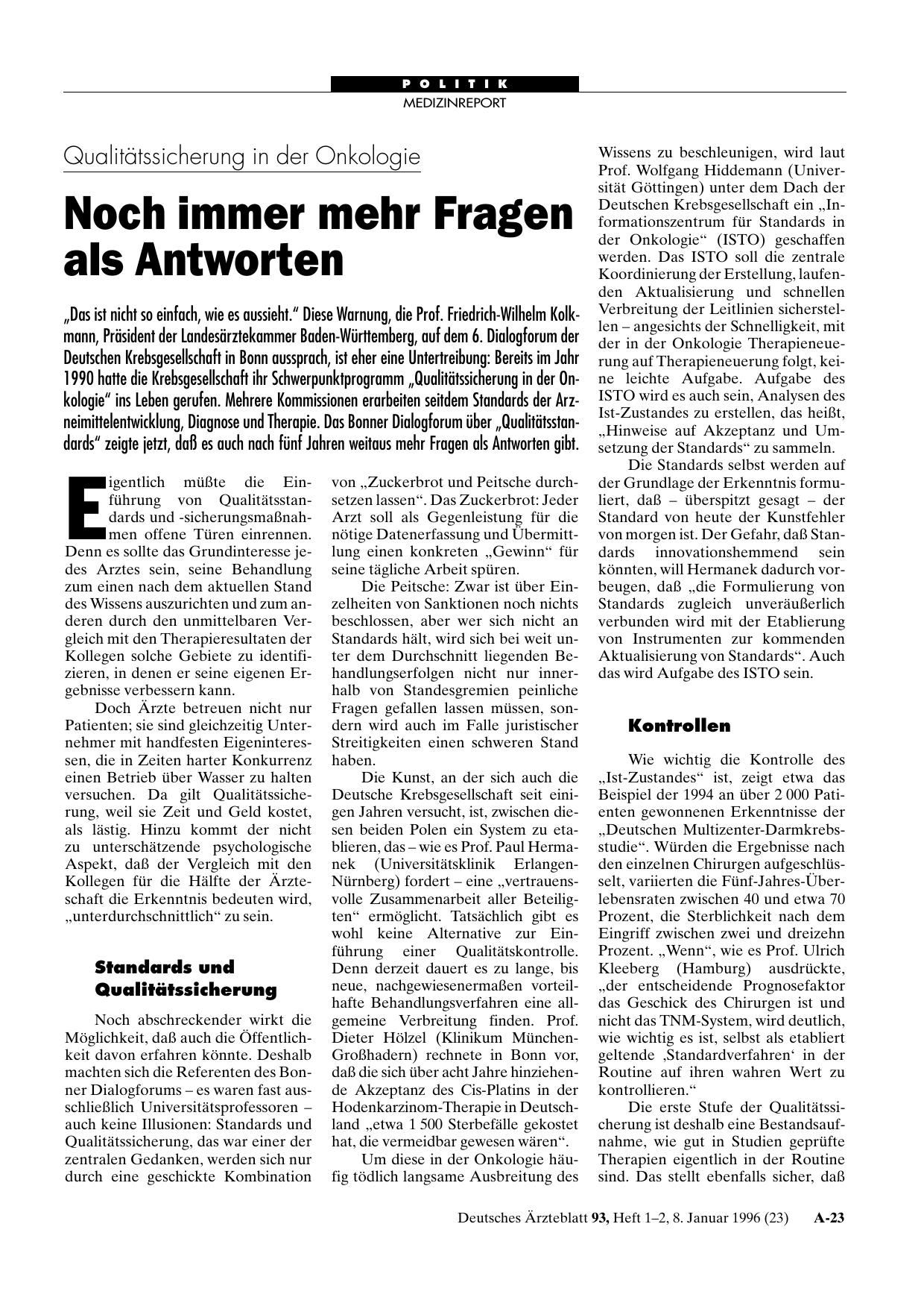 Vorschauseite 1: Qualitätssicherung in der Onkologie: Noch immer mehr Fragen als Antworten