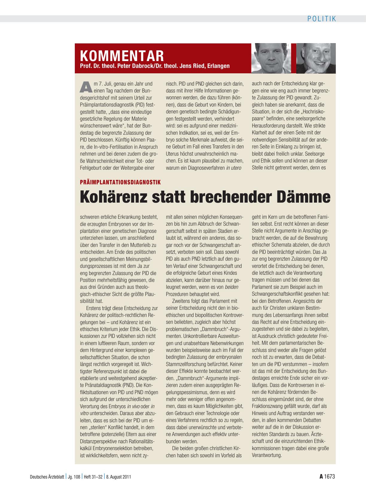 Vorschauseite 1: Präimplantationsdiagnostik: Kohärenz statt brechender Dämme