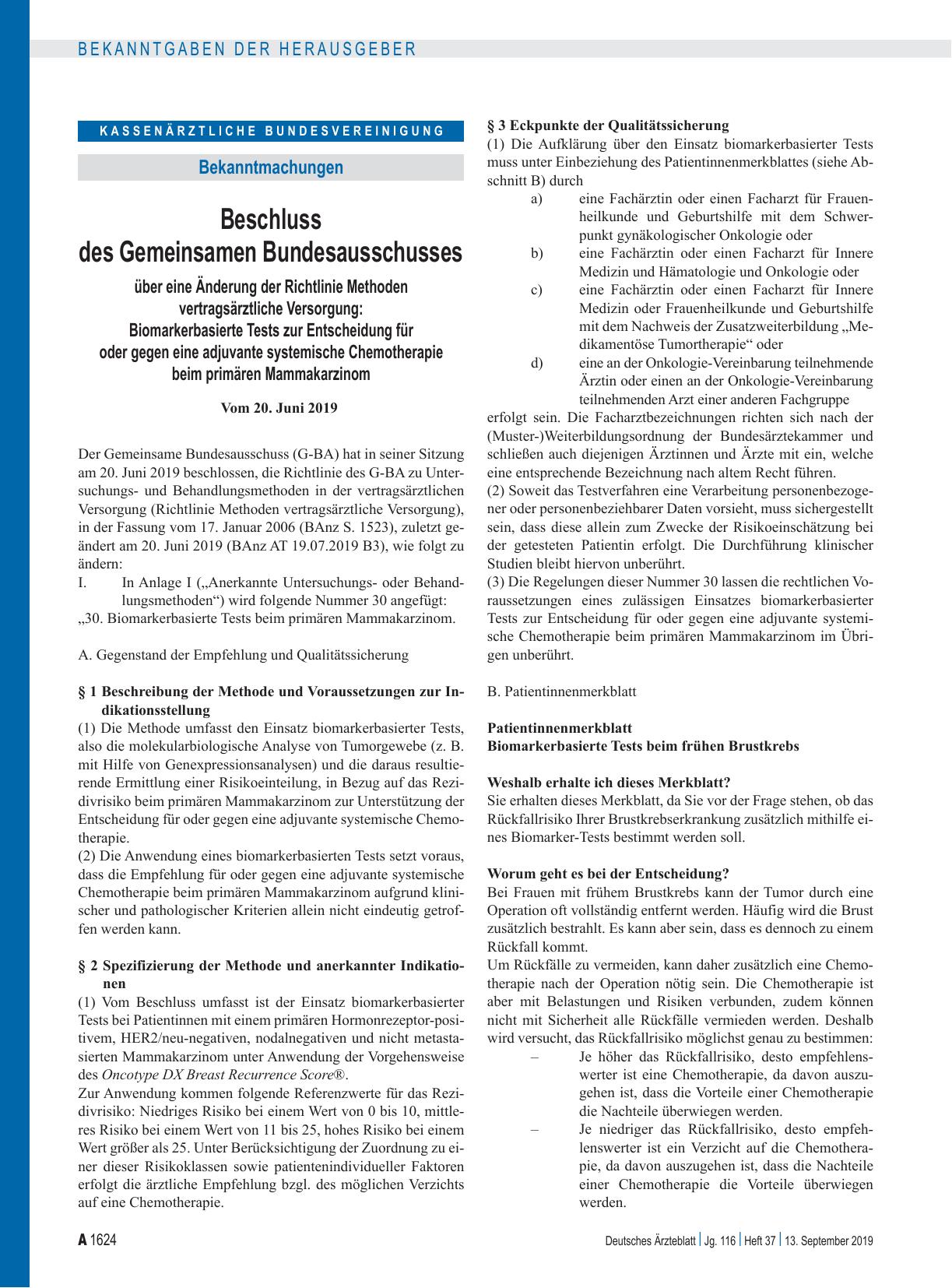 Vorschauseite 1: Beschluss des Gemeinsamen Bundesausschusses über eine Änderung der Richtlinie Methoden vertragsärztliche Versorgung: Biomarkerbasierte Tests zur Entscheidung für oder gegen eine a…