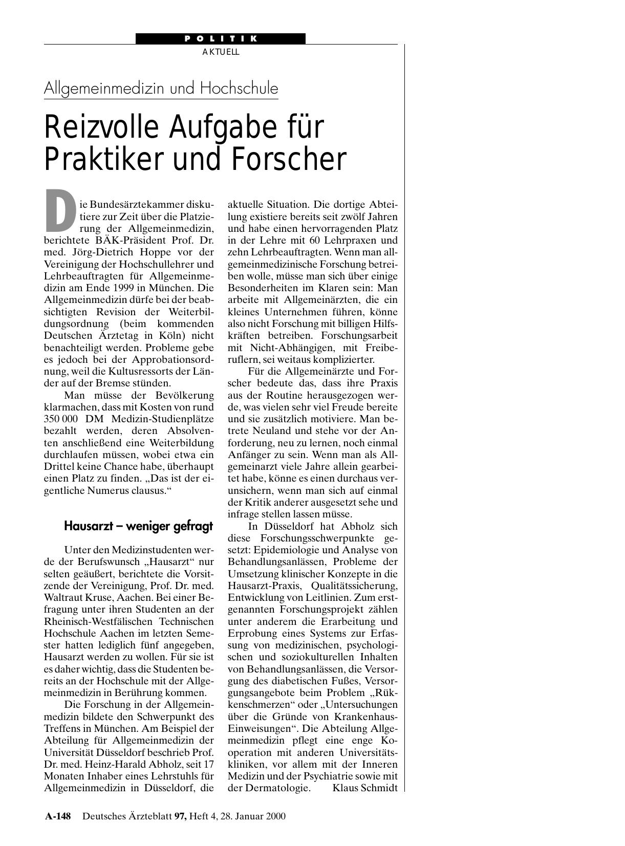 Vorschauseite 1: Allgemeinmedizin und Hochschule: Reizvolle Aufgabe für Praktiker und Forscher