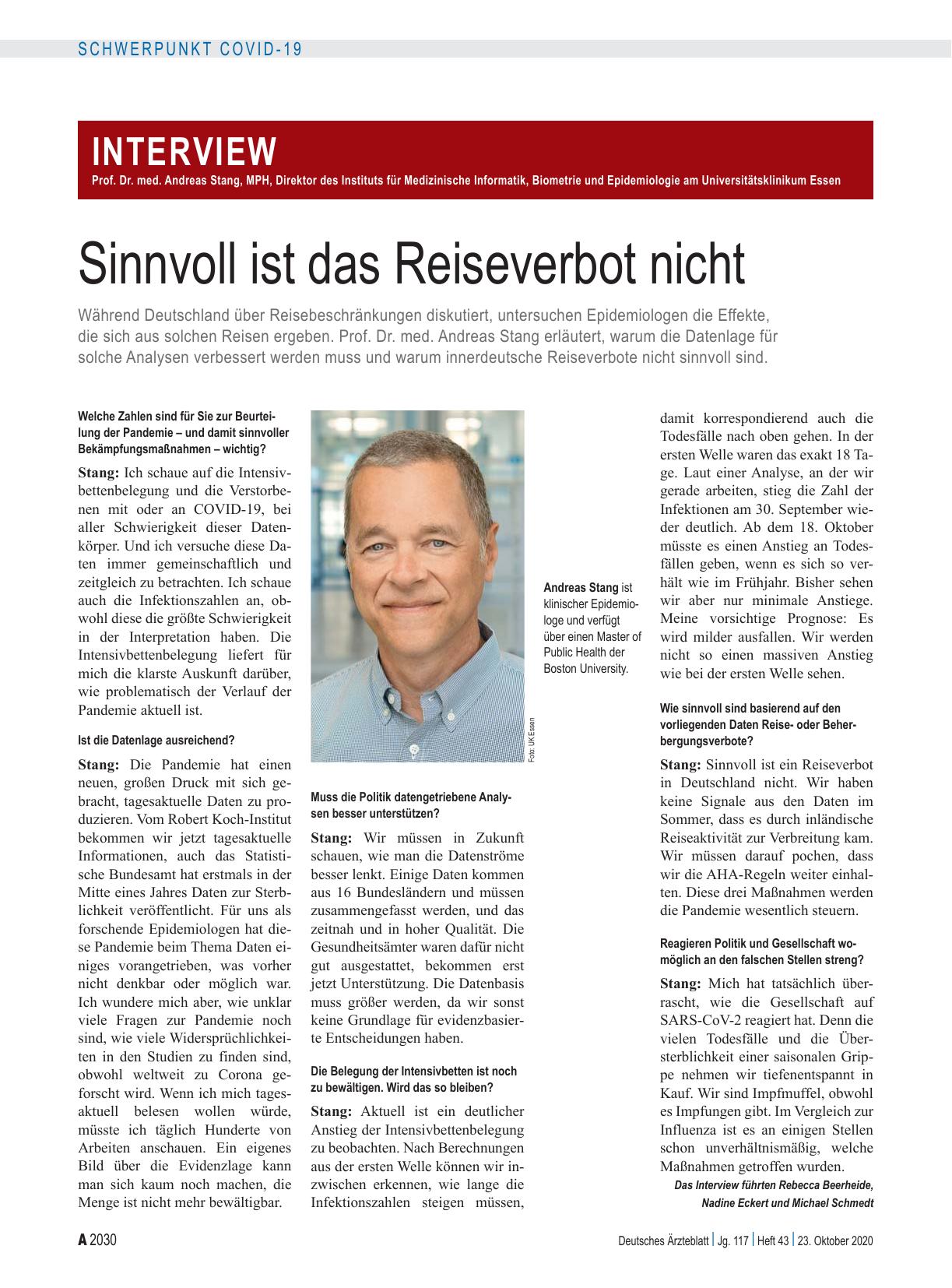 Vorschauseite 1: Interview mit Prof. Dr. med. Andreas Stang, MPH, Direktor des Instituts für Medizinische Informatik, Biometrie und Epidemiologie am Universitätsklinikum Essen: Sinnvoll ist das Re…