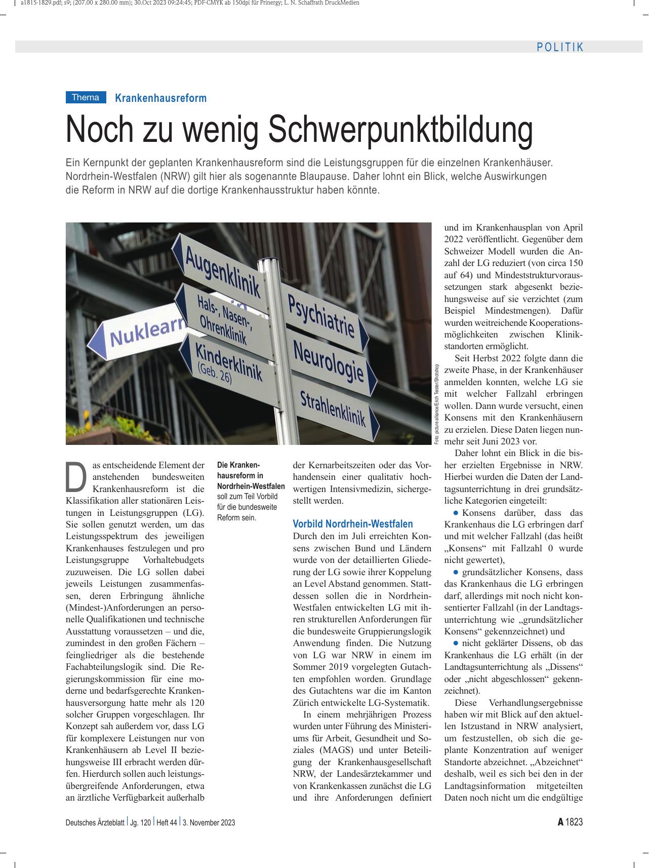 Vorschauseite 1: Krankenhausreform: Noch zu wenig Schwerpunktbildung