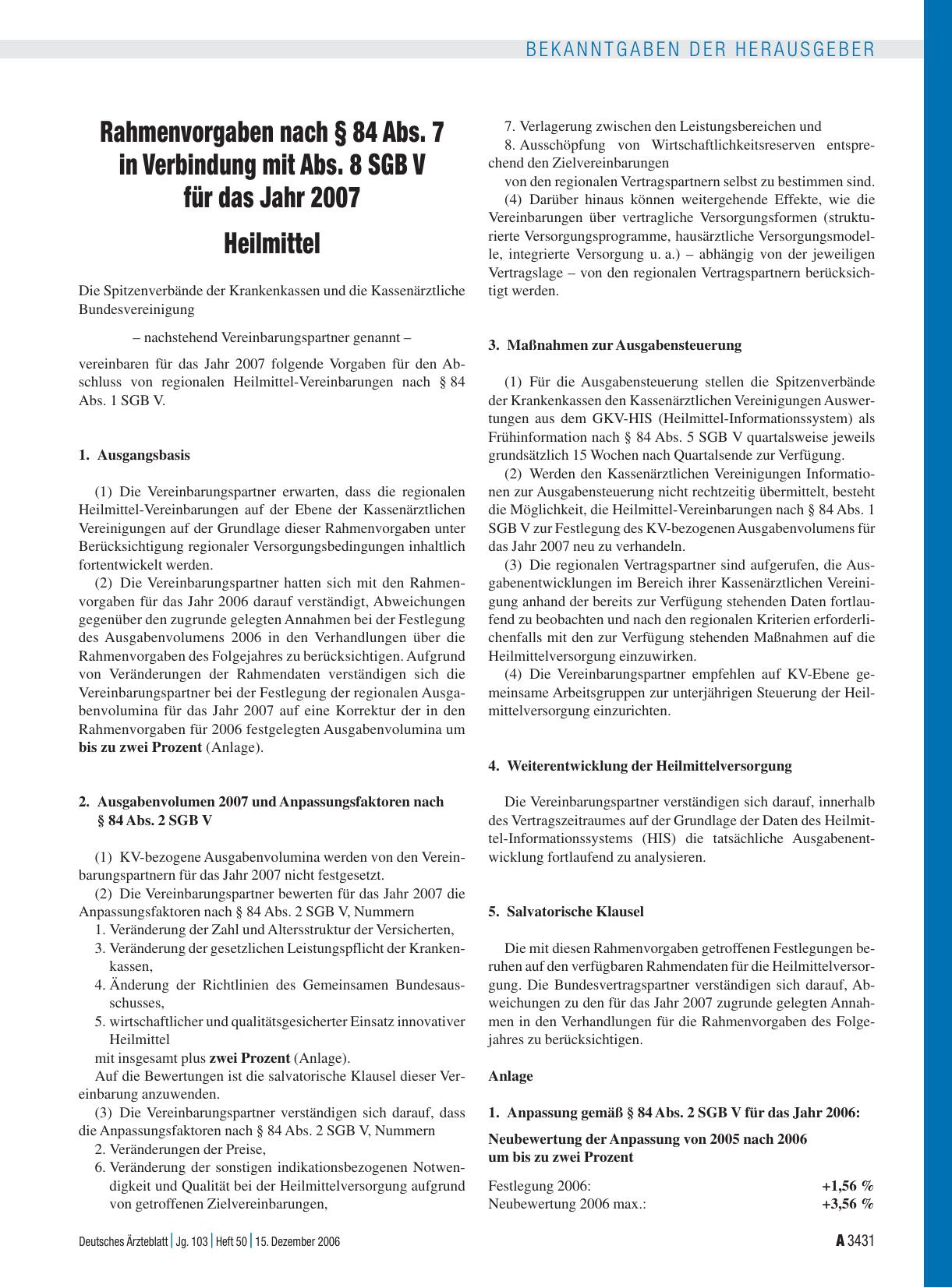 Vorschauseite 1: Rahmenvorgaben nach § 84 Abs. 7 in Verbindung mit Abs. 8 SGB V für das Jahr 2007: Heilmittel