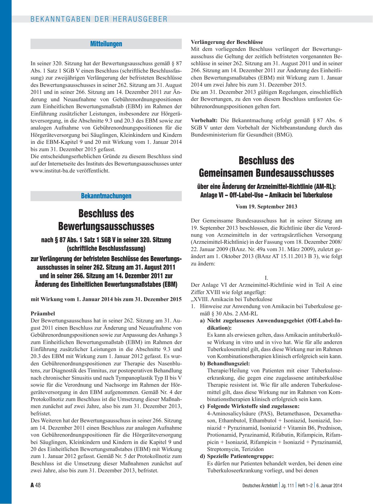 Vorschauseite 1: Beschluss des Gemeinsamen Bundesausschusses über eine Änderung der Arzneimittel-Richtlinie (AM-RL): Anlage VI – Off-Label-Use – Amikacin bei Tuberkulose