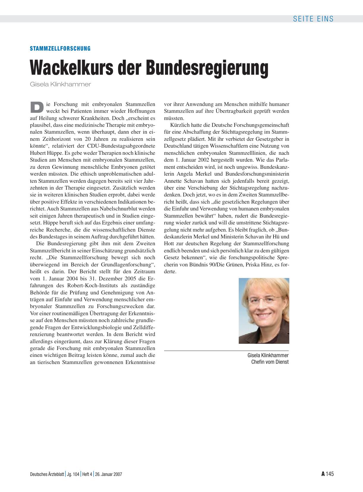 Vorschauseite 1: Stammzellforschung: Wackelkurs der Bundesregierung