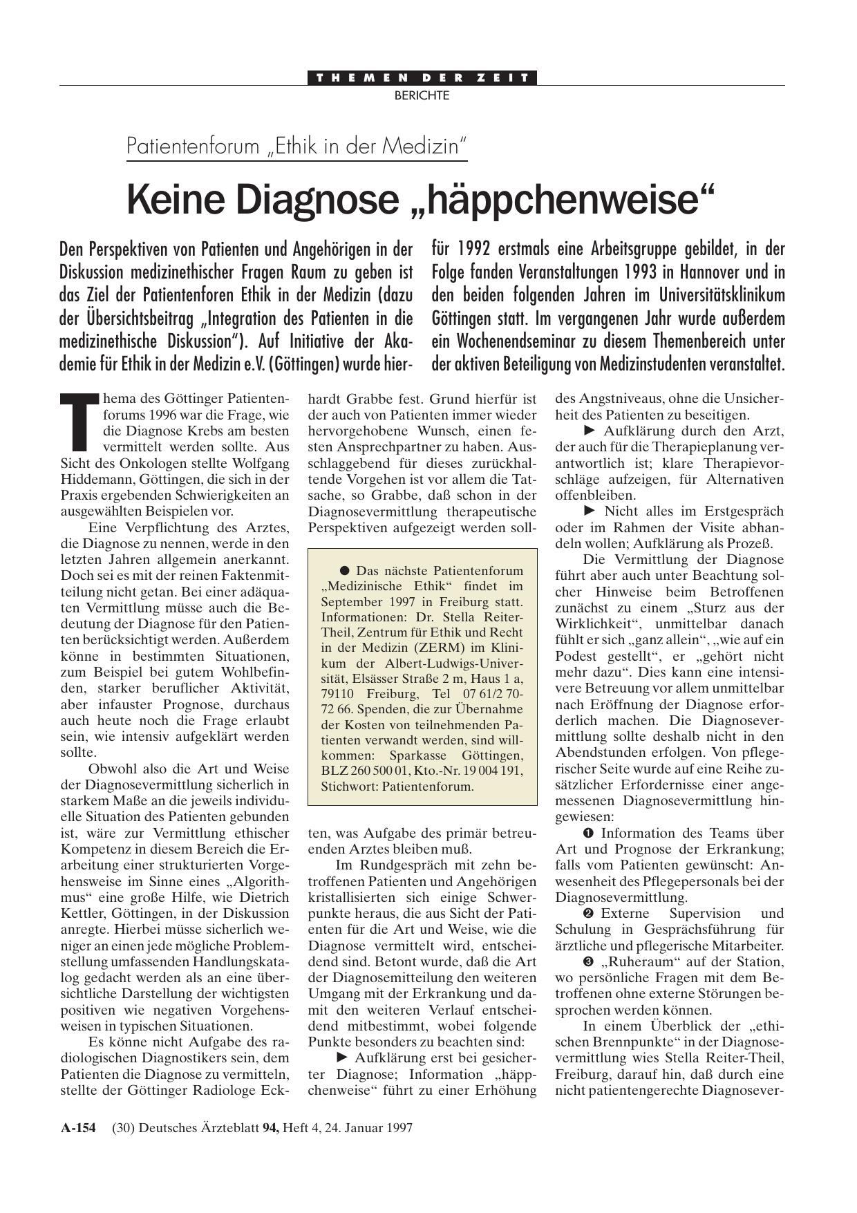 Vorschauseite 1: Patientenforum „Ethik in der Medizin“: Keine Diagnose „häppchenweise“