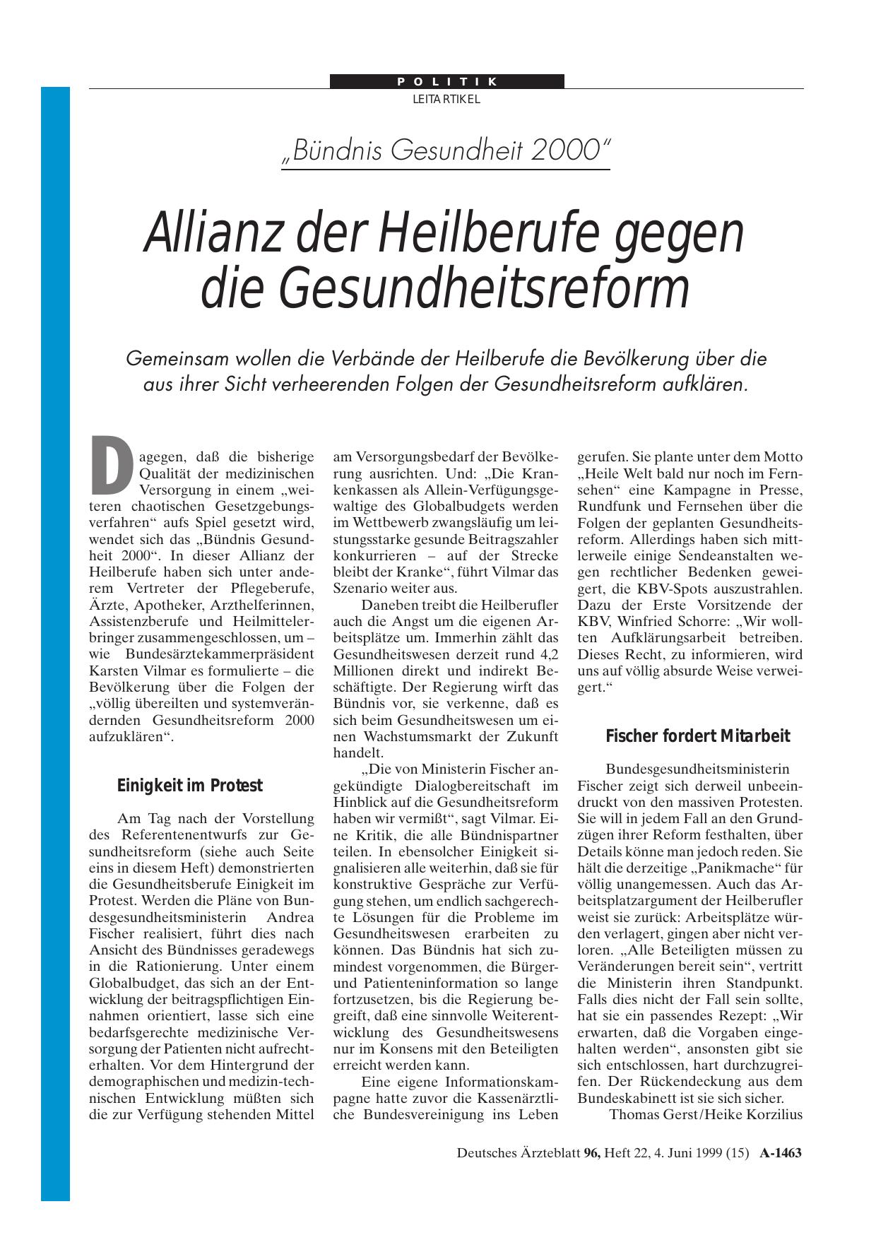 Vorschauseite 1: „Bündnis Gesundheit 2000„: Allianz der Heilberufe gegen die Gesundheitsreform