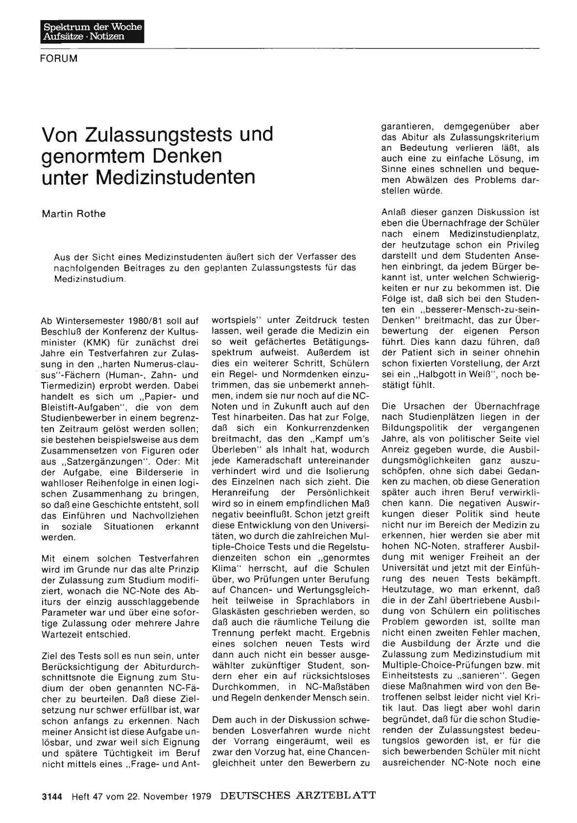 Vorschauseite 1: Von Zulassungstests und genormtem Denken unter Medizinstudenten