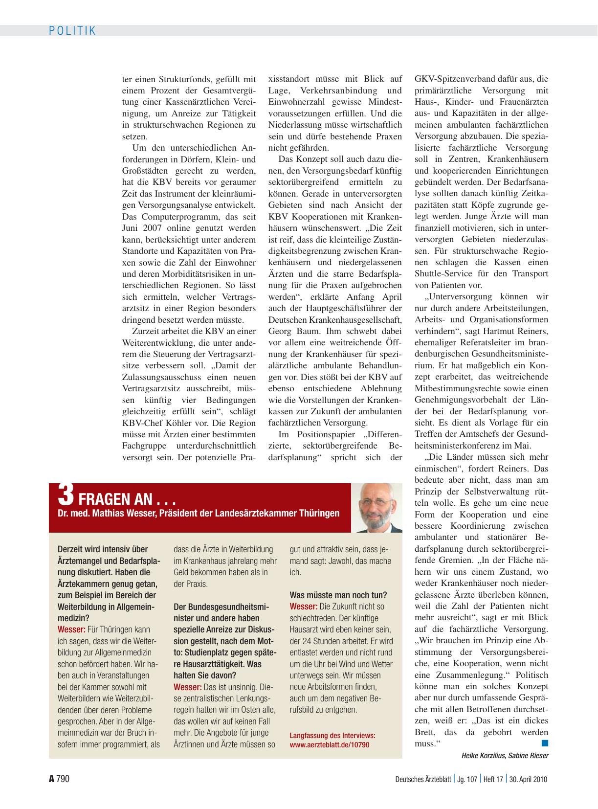 Vorschauseite 1: 3 Fragen an. .. Dr. med. Mathias Wesser, Präsident der Landesärztekammer Thüringen