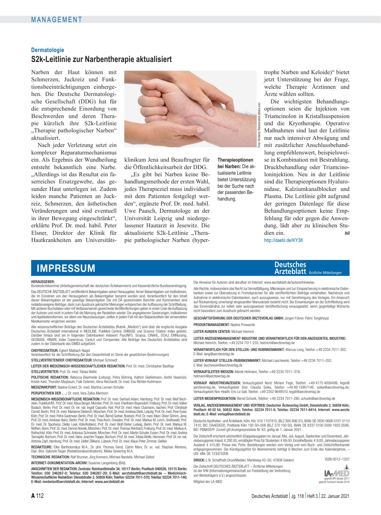 Vorschauseite 1: Dermatologie: S2k-Leitlinie zur Narbentherapie aktualisiert