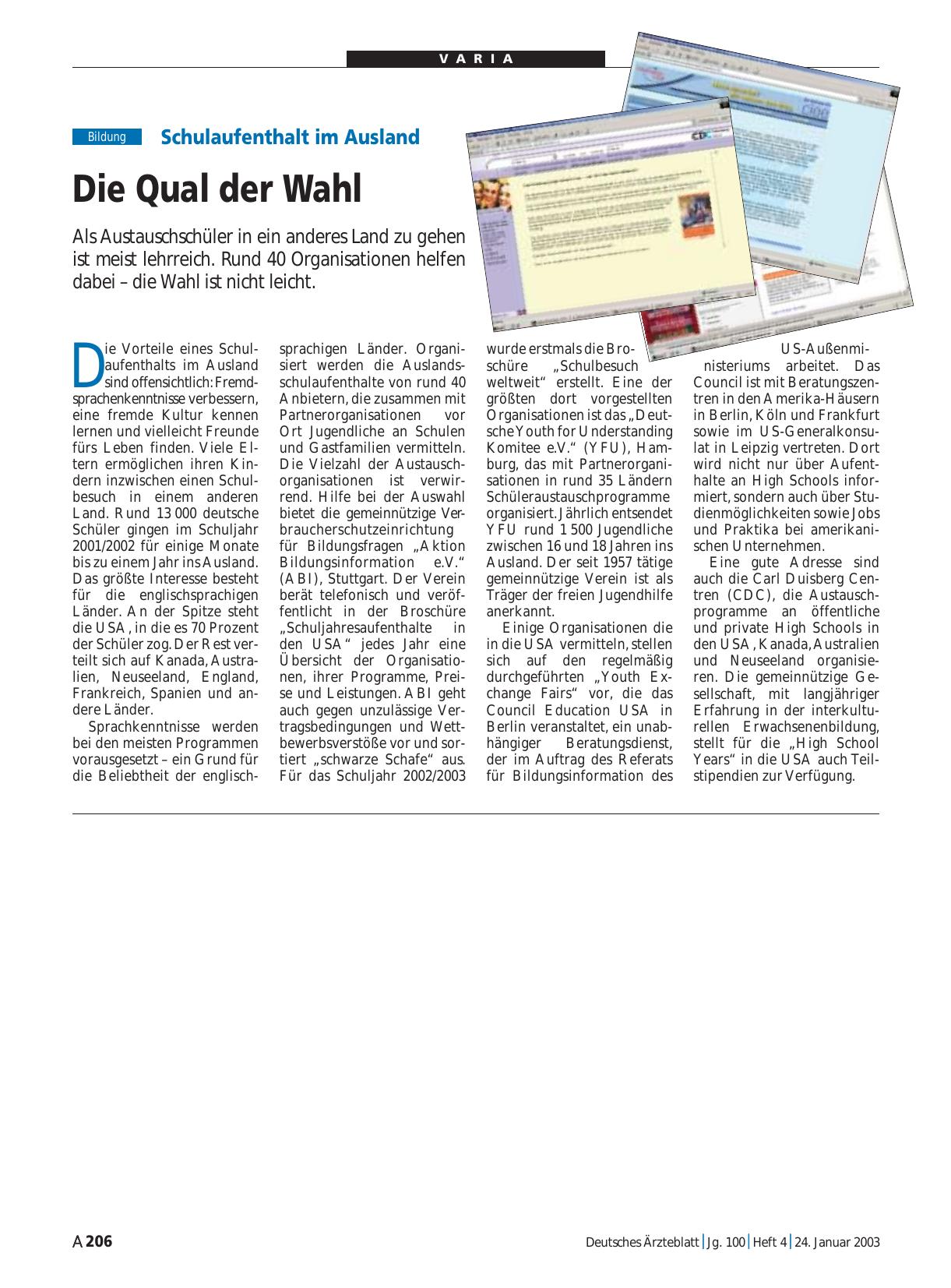 Vorschauseite 1: Schulaufenthalt im Ausland: Die Qual der Wahl
