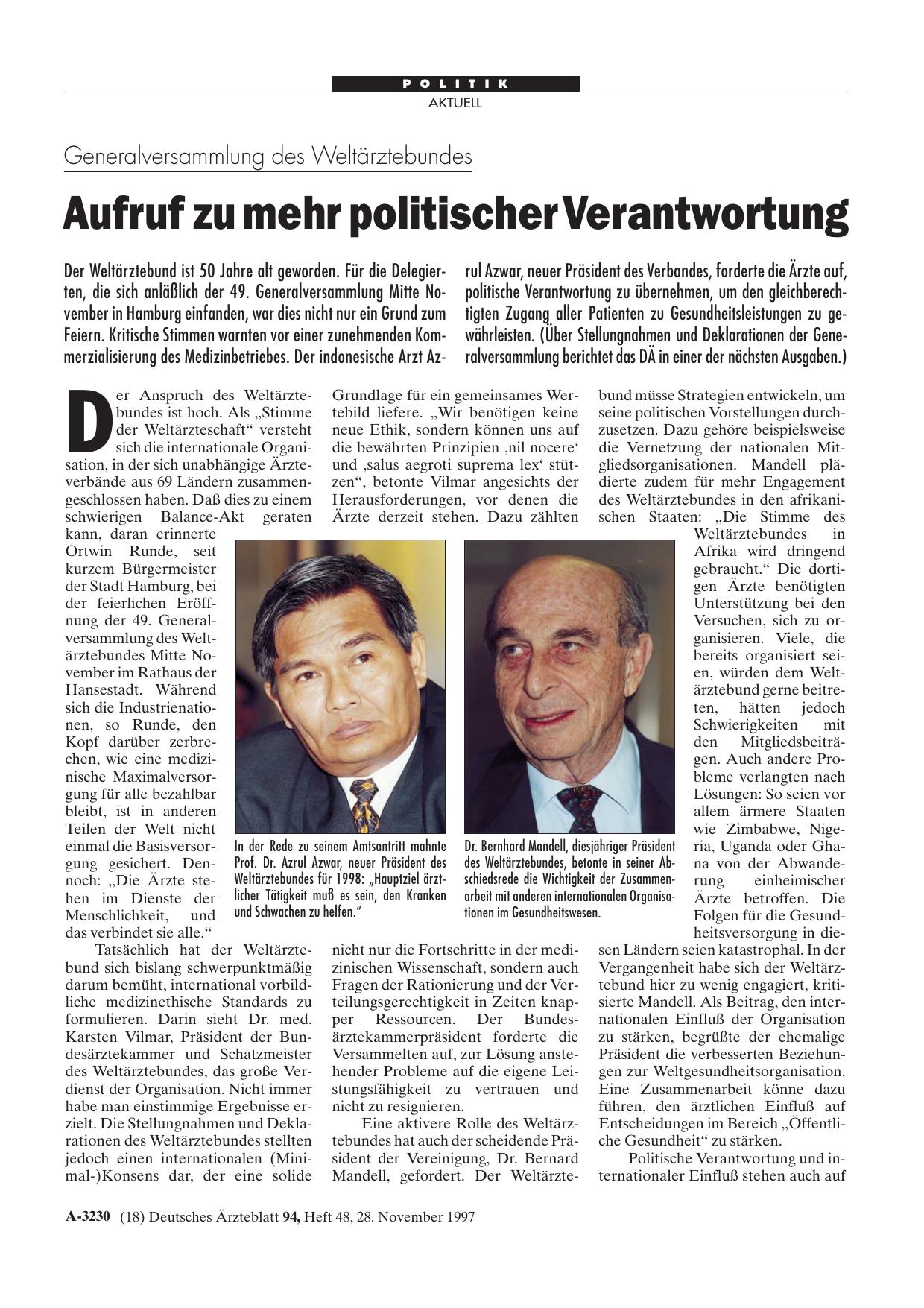 Vorschauseite 1: Generalversammlung des Weltärztebundes: Aufruf zu mehr politischer Verantwortung
