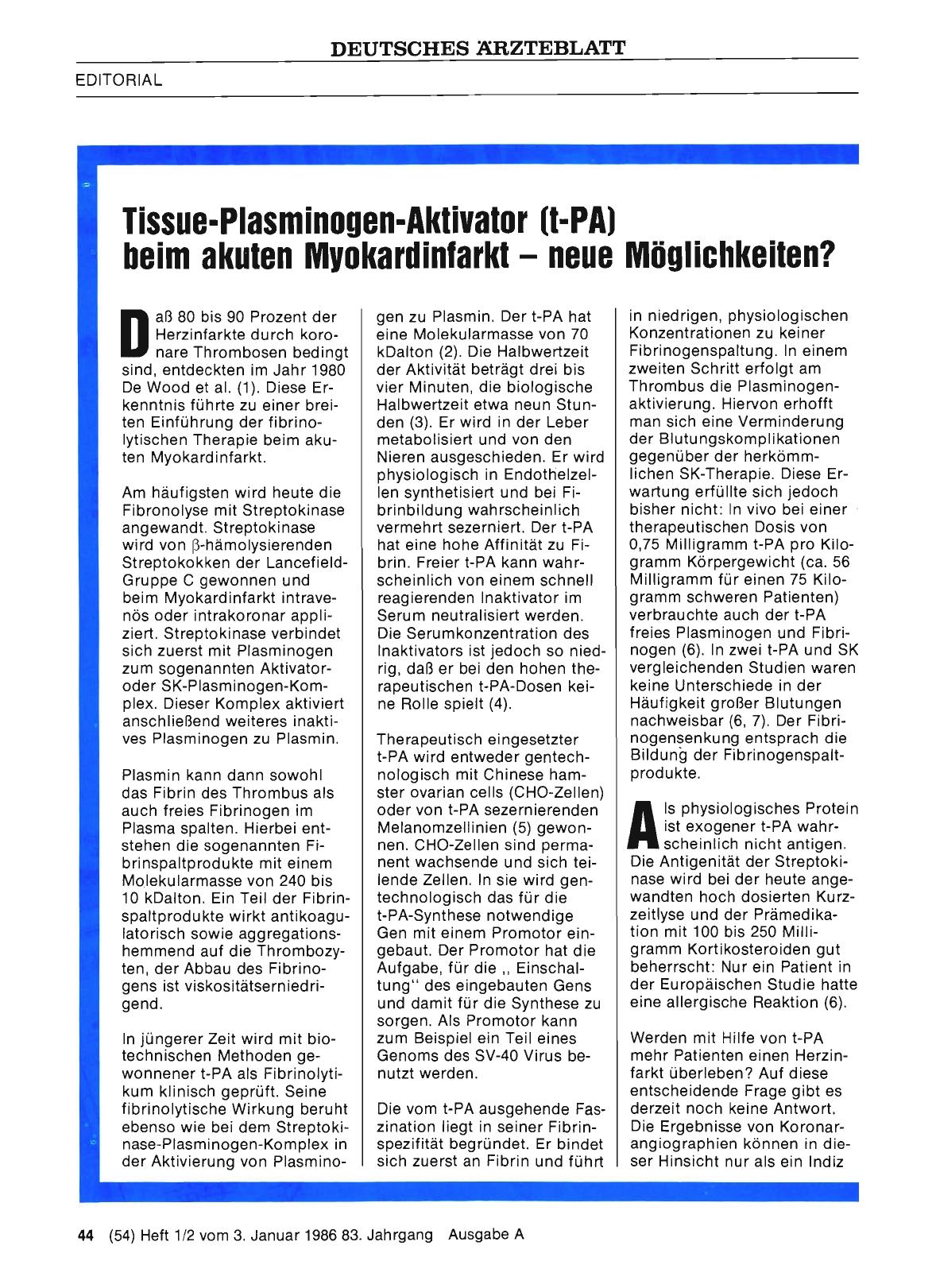 Vorschauseite 1: Tissue-Plasminogen-Aktivator (t-PA) beim akuten Myokardinfarkt - neue Möglichkeiten?