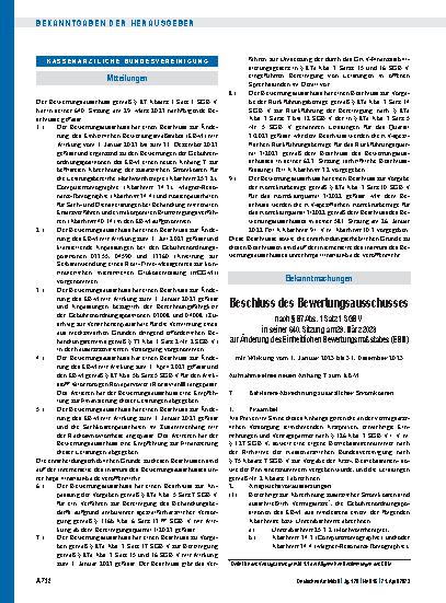 Vorschauseite 1: Beschluss des Bewertungsausschusses nach § 87 Abs. 1 Satz 1 SGB V in seiner 640. Sitzung am 29. März 2023 zur Änderung des Einheitlichen Bewertungsmaßstabes (EBM)