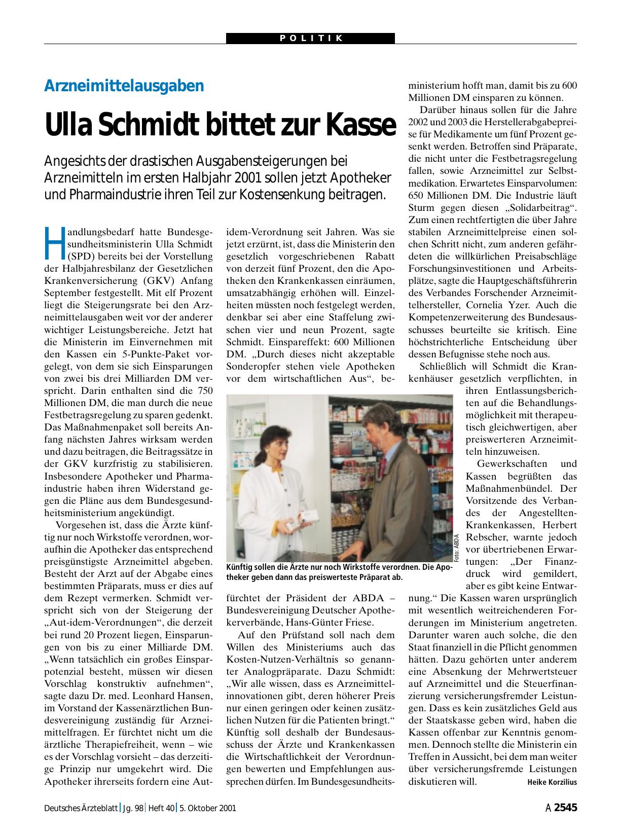 Vorschauseite 1: Arzneimittelausgaben: Ulla Schmidt bittet zur Kasse