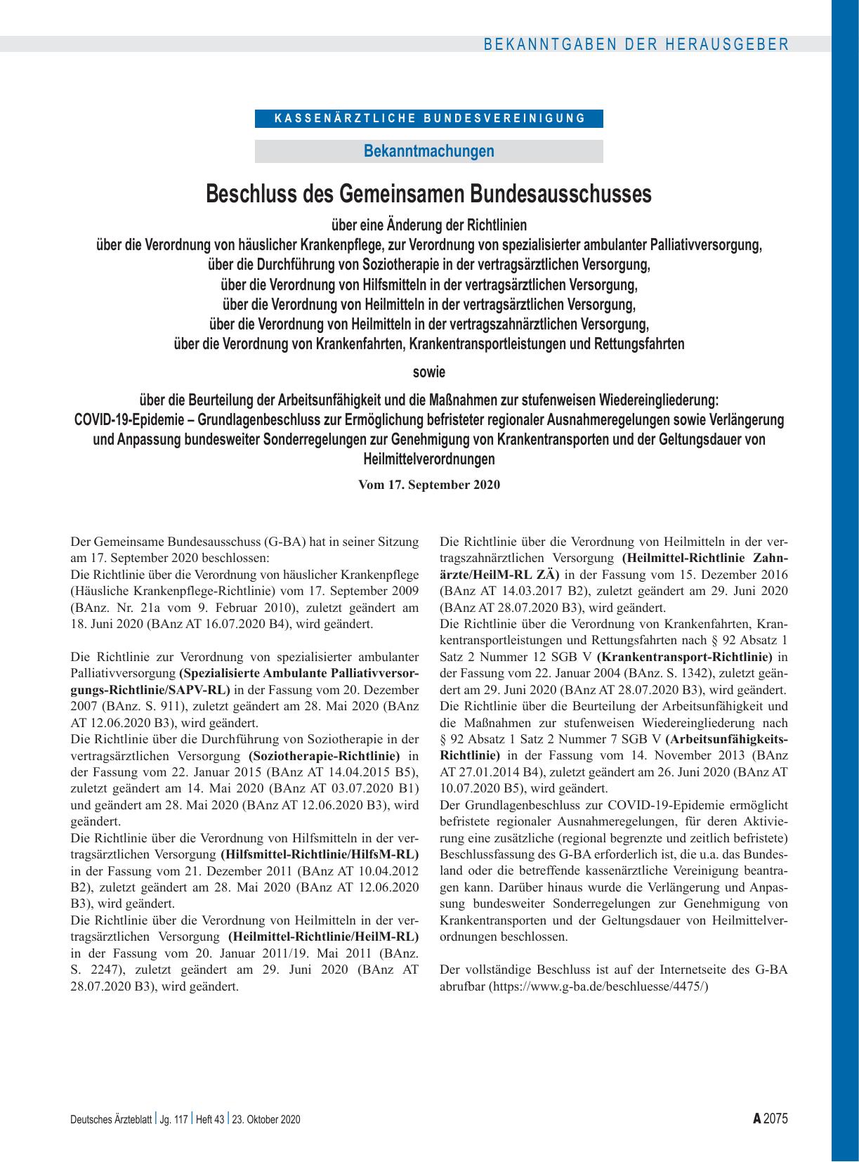 Vorschauseite 1: Beschluss des Gemeinsamen Bundesausschusses über eine Änderung der Richtlinien über die Verordnung von Versorgung
