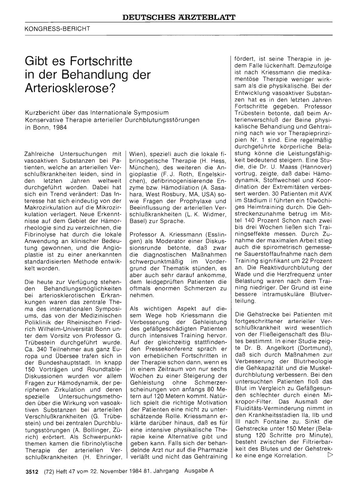Vorschauseite 1: Gibt es Fortschritte in der Behandlung der Arteriosklerose? - Kurzbericht über das Internationale Symposium Konservative Therapie arterieller Durchblutungsstörungen in Bonn, 1984