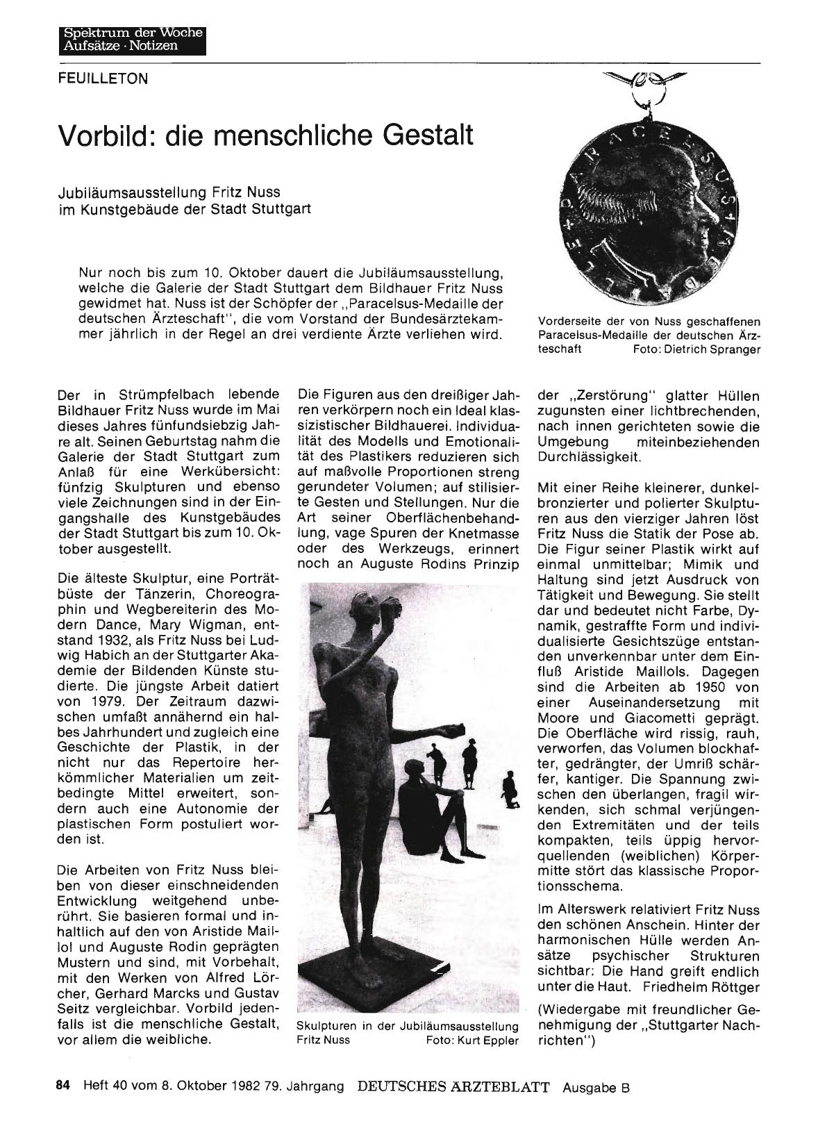 Vorschauseite 1: Vorbild: die menschliche Gestalt - Jubiläumsausstellung Fritz Nuss im Kunstgebäude der Stadt Stuttgart