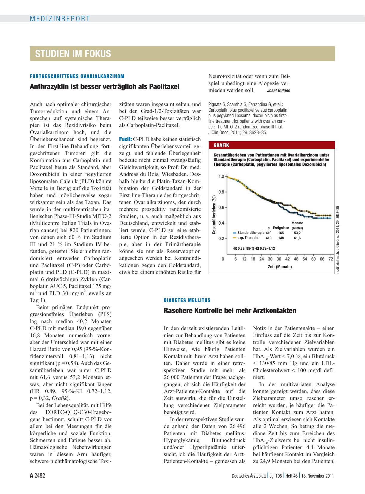 Vorschauseite 1: Fortgeschrittenes Ovarialkarzinom: Anthrazyklin ist besser verträglich als Paclitaxel