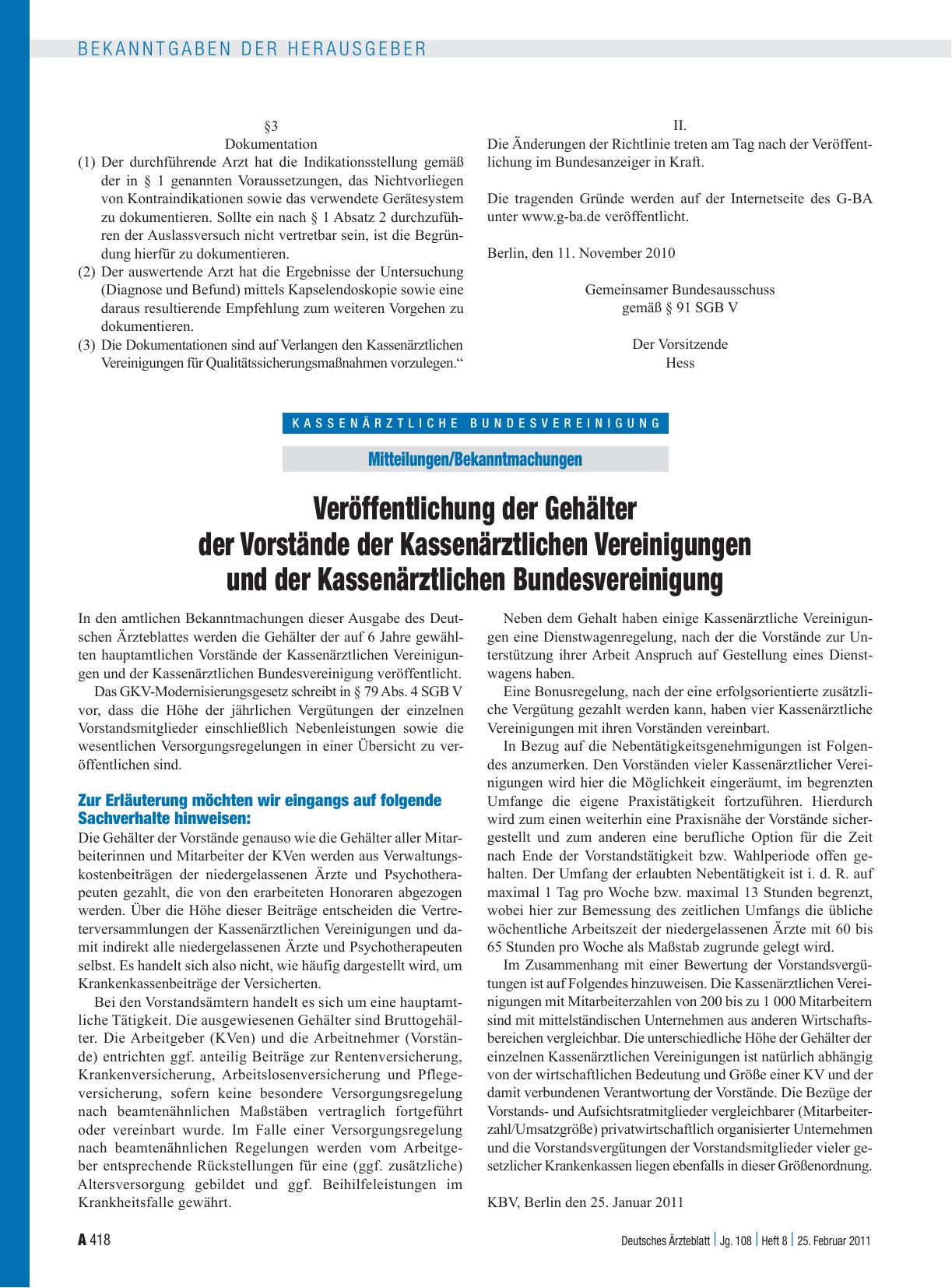 Vorschauseite 1: Veröffentlichung der Gehälter der Vorstände der Kassenärztlichen Vereinigungen und der Kassenärztlichen Bundesvereinigung