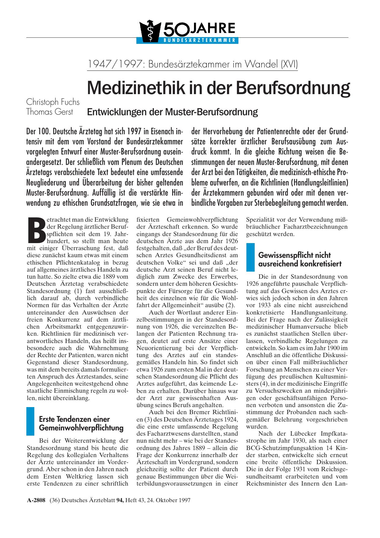 Vorschauseite 1: 1947/1997 – Bundesärztekammer im Wandel (XVI): Medizinethik in der Berufsordnung Entwicklungen der Muster-Berufsordnung