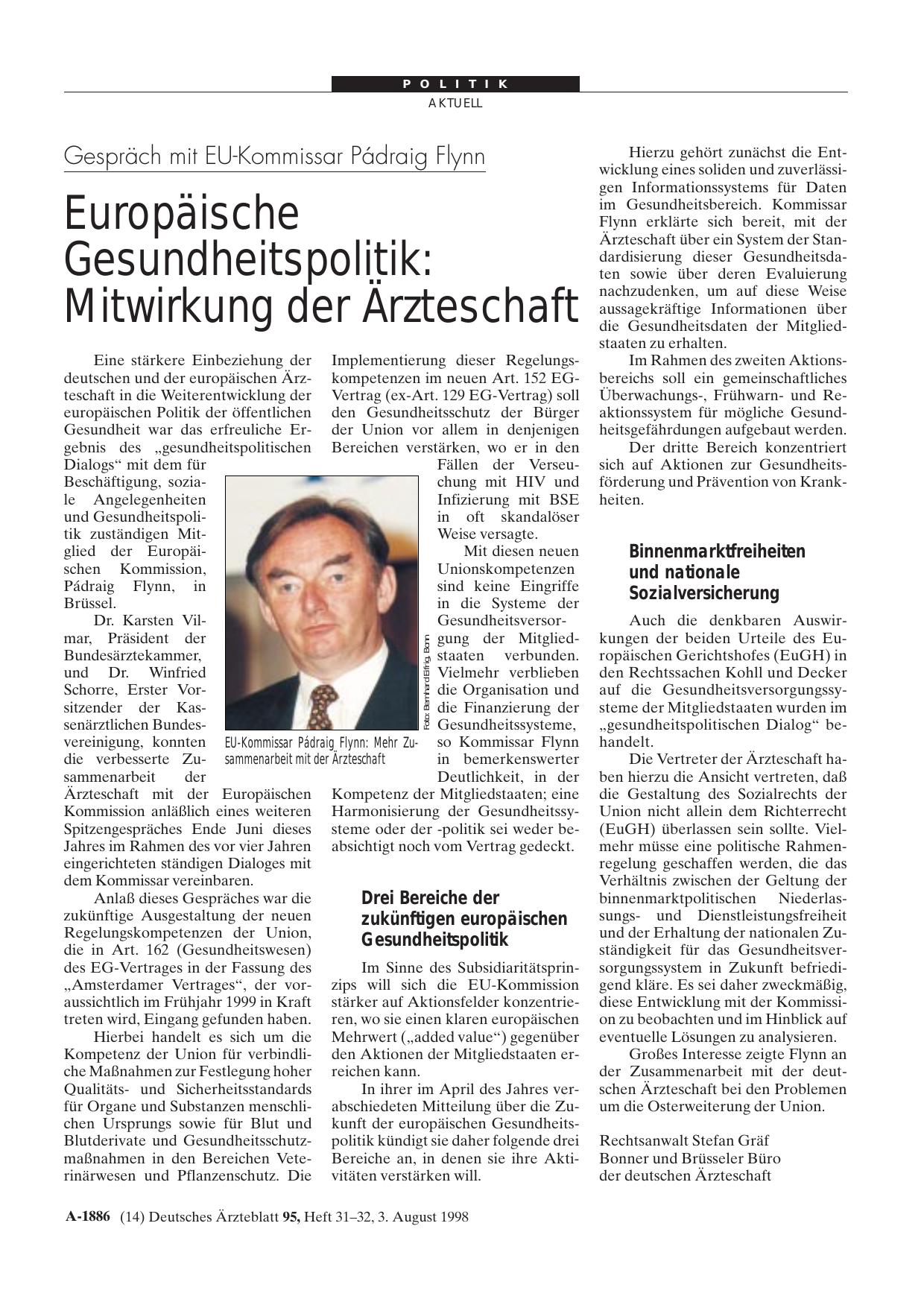 Vorschauseite 1: Gespräch mit EU-Kommissar Pádraig Flynn – Europäische Gesundheitspolitik: Mitwirkung der Ärzteschaft