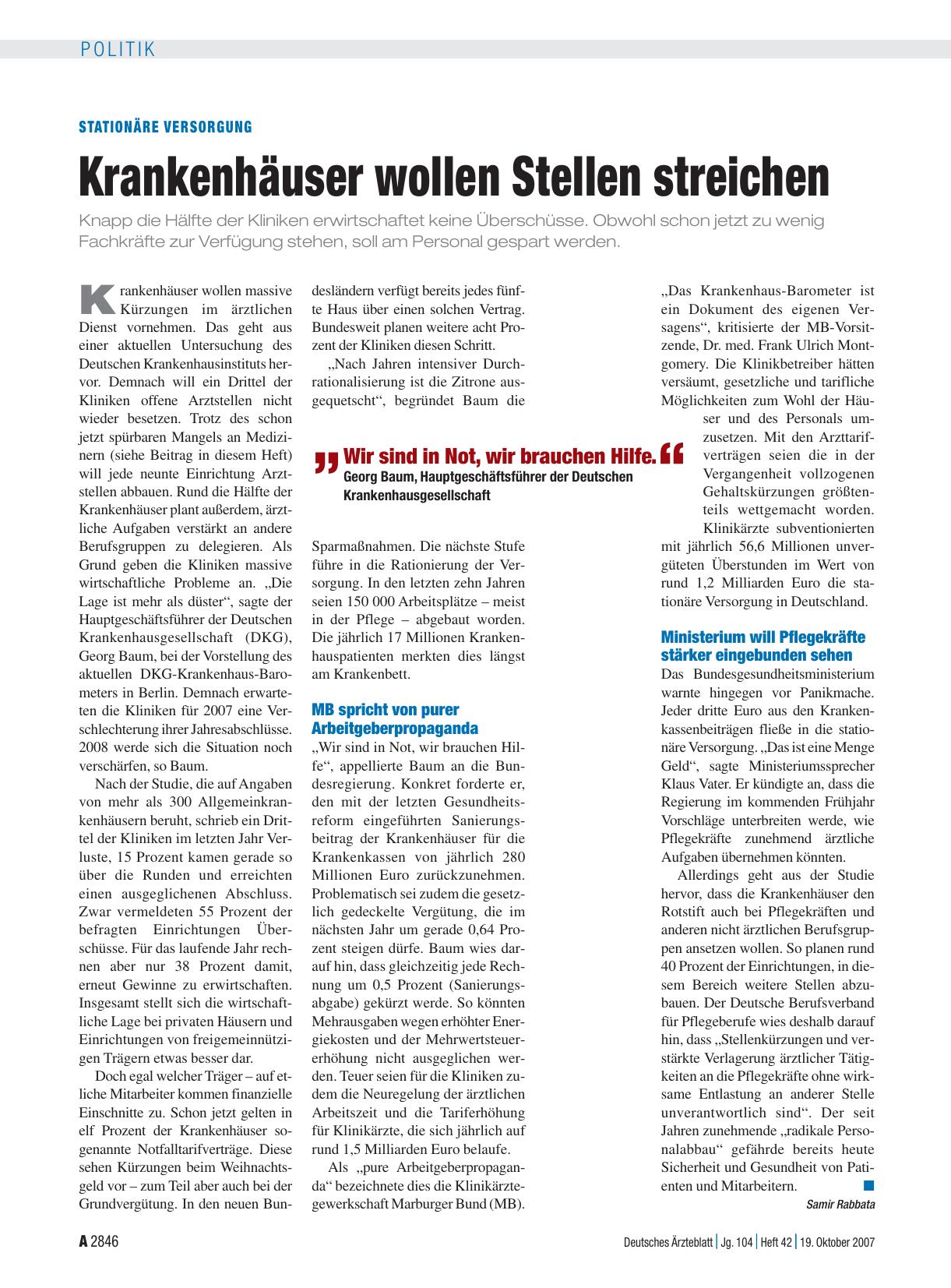 Vorschauseite 1: Stationäre Versorgung: Krankenhäuser wollen Stellen streichen