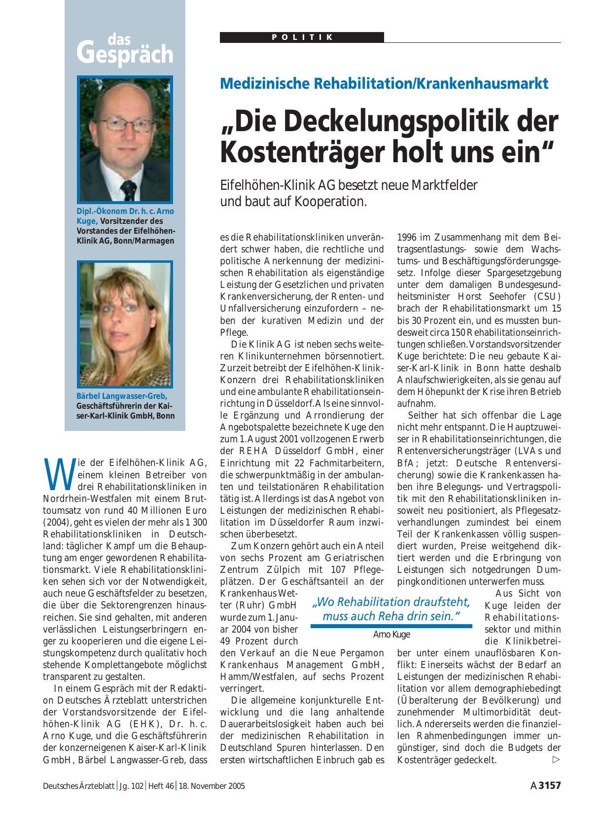 Vorschauseite 1: Medizinische Rehabilitation/Krankenhausmarkt: „Die Deckelungspolitik der Kostenträger holt uns ein“