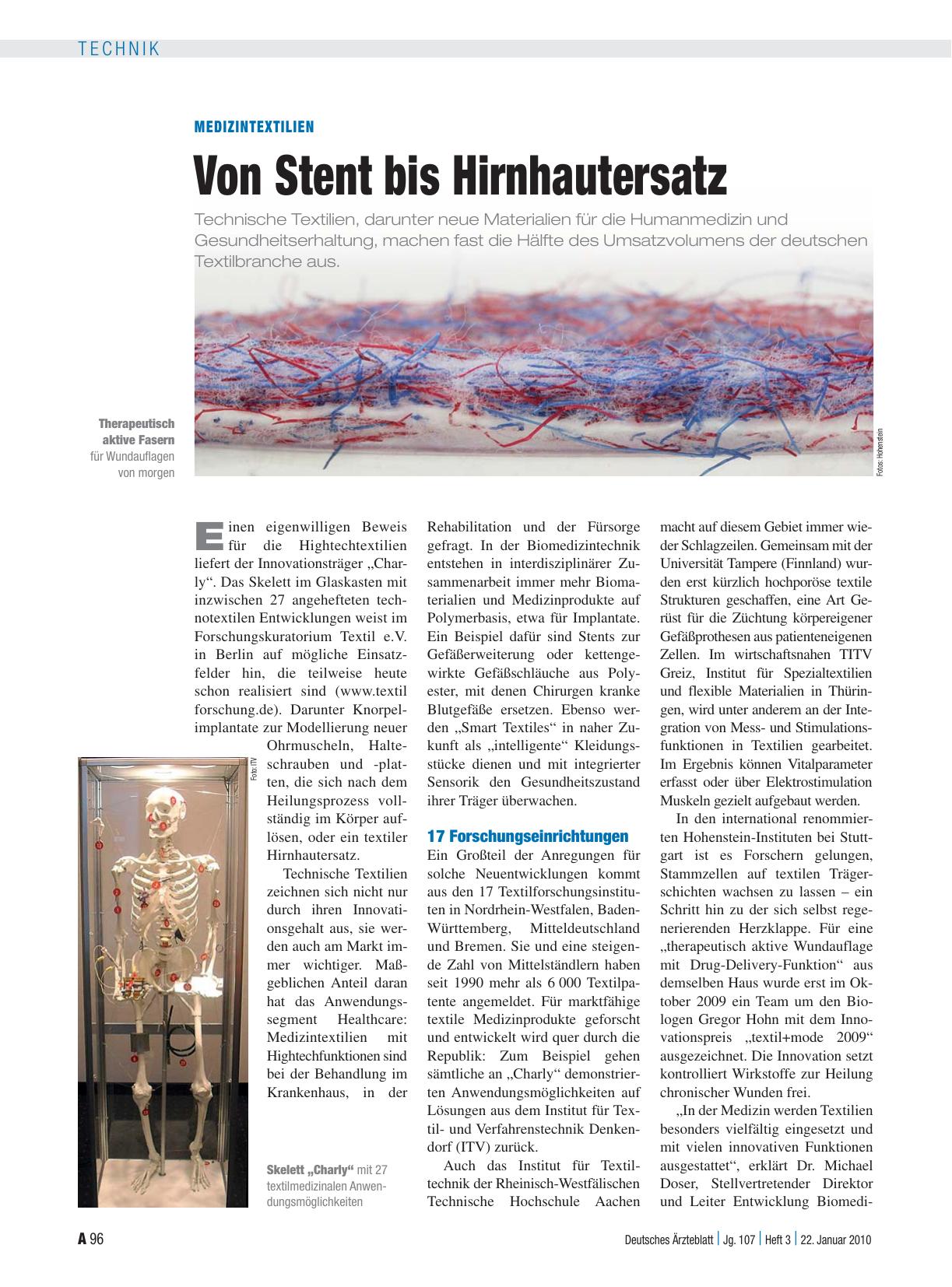 Vorschauseite 1: Medizintextilien: Von Stent bis Hirnhautersatz