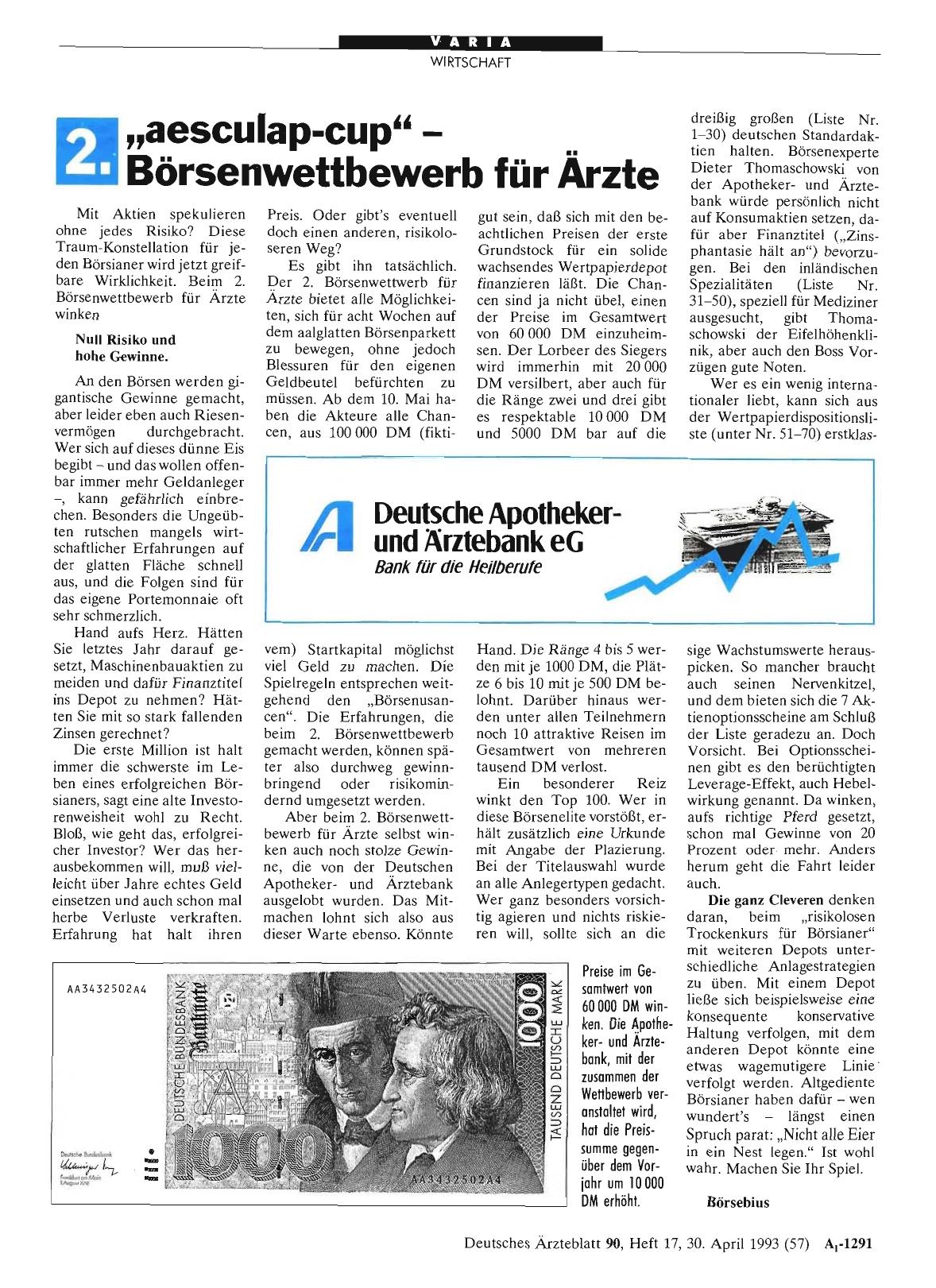 Vorschauseite 1: 2. „aesculap-cup“ – Börsenwettbewerb für Ärzte