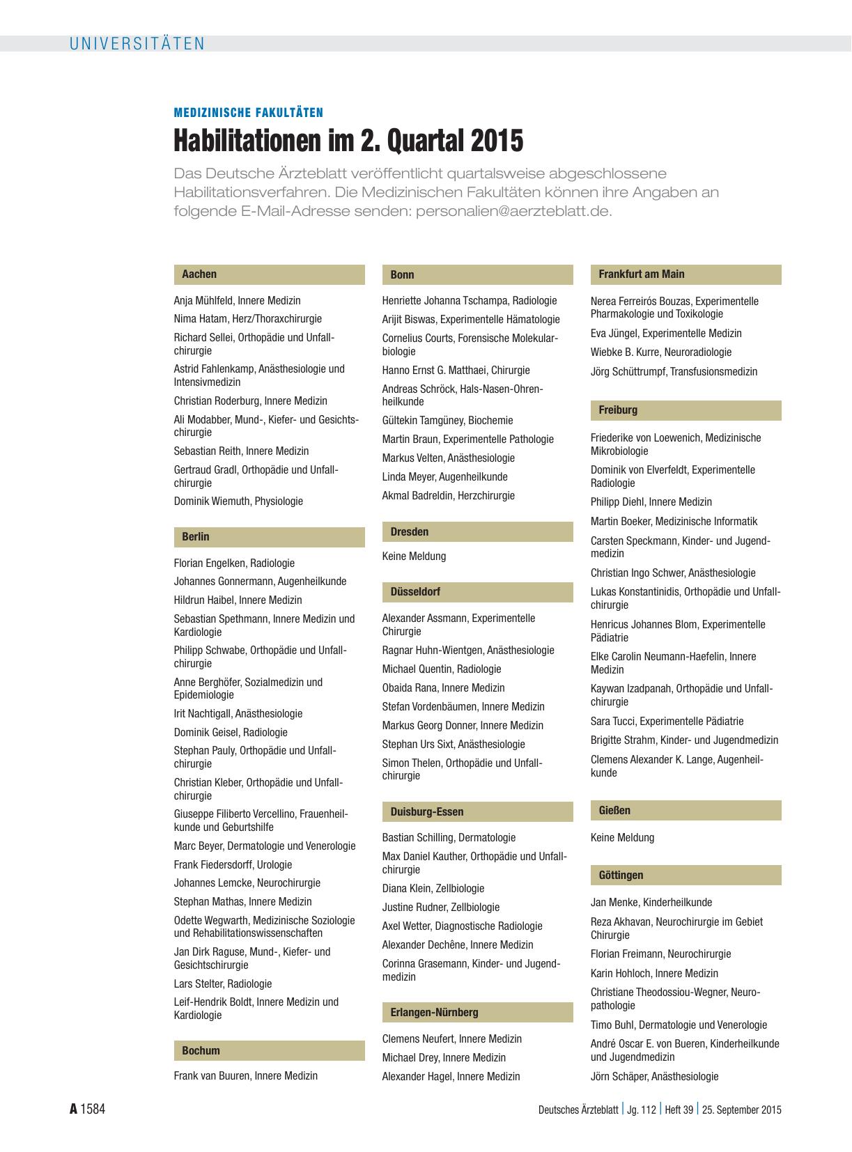 Vorschauseite 1: Medizinische Fakultäten: Habilitationen im 2. Quartal 2015