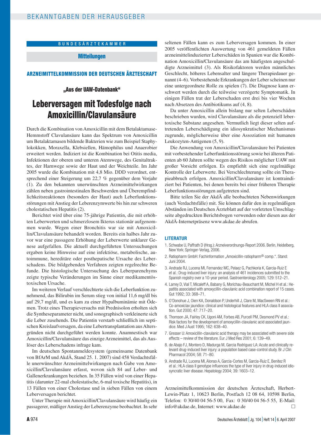 Vorschauseite 1: Mitteilungen „Aus der UAW-Datenbank“: Leberversagen mit Todesfolge nach Amoxicillin/Clavulansäure