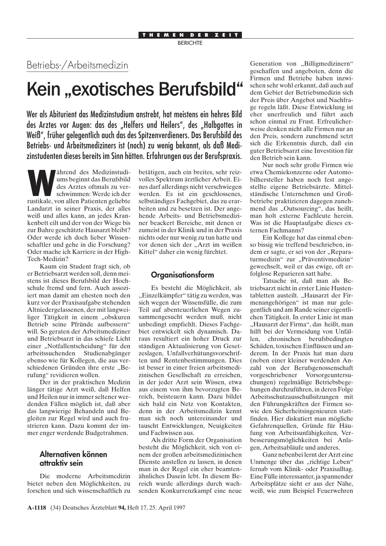 Vorschauseite 1: Betriebs-/Arbeitsmedizin: Kein „exotisches Berufsbild“
