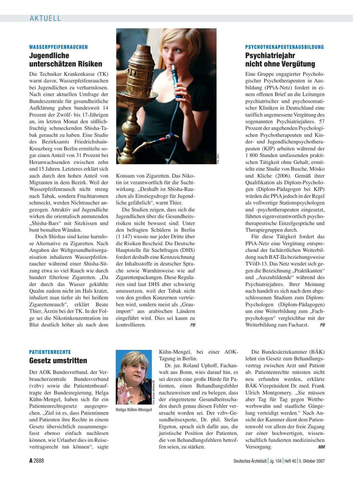 Vorschauseite 1: Psychotherapeutenausbildung: Psychiatriejahr nicht ohne Vergütung