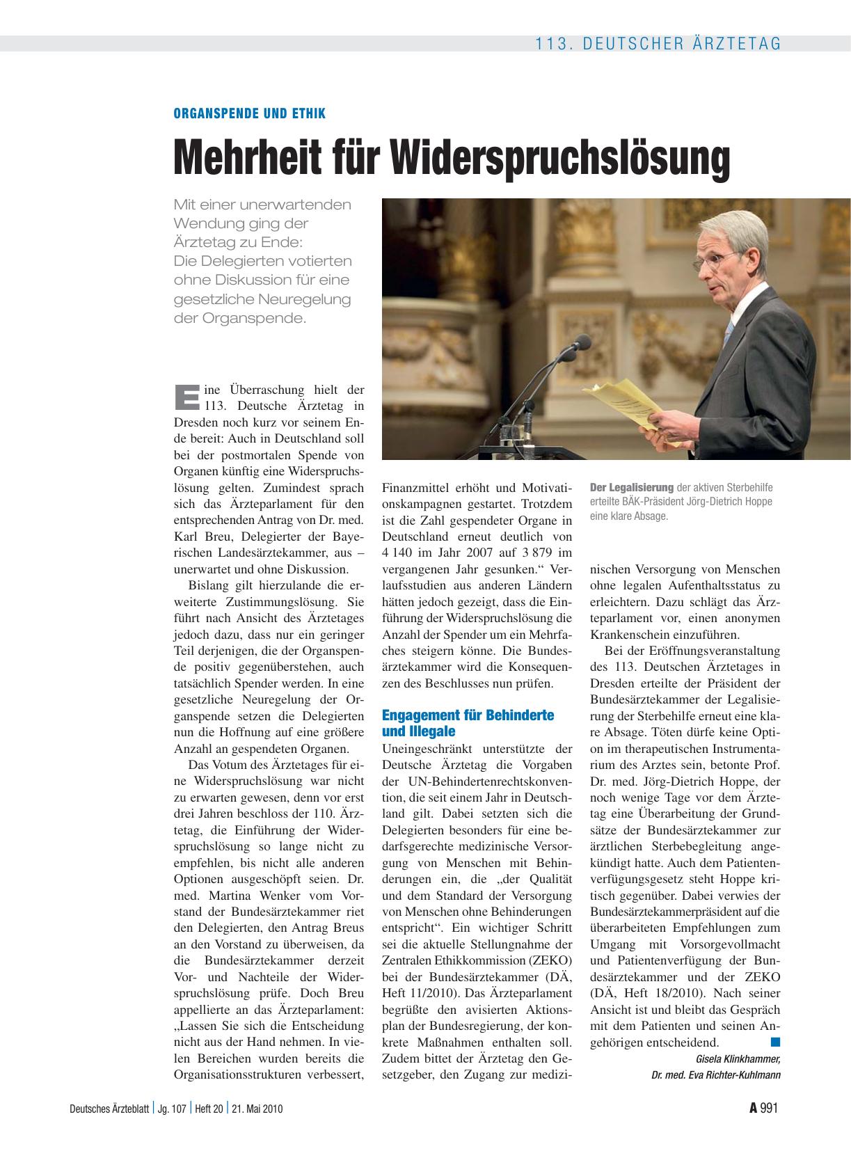 Vorschauseite 1: Organspende und Ethik: Mehrheit für Widerspruchslösung