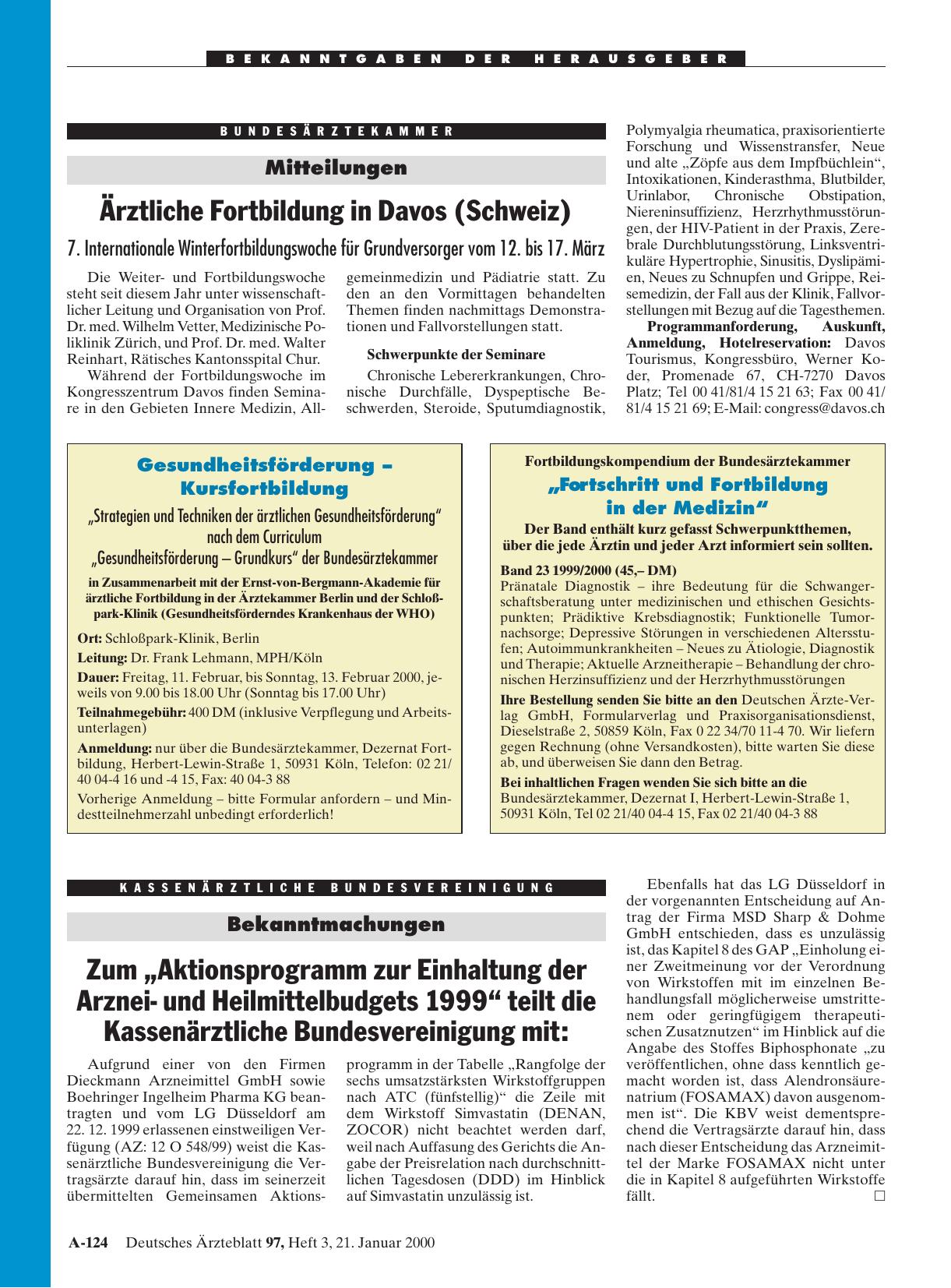 Vorschauseite 1: Ärztliche Fortbildung in Davos (Schweiz): 7. Internationale Winterfortbildungswoche für Grundversorger vom 12. bis 17. März