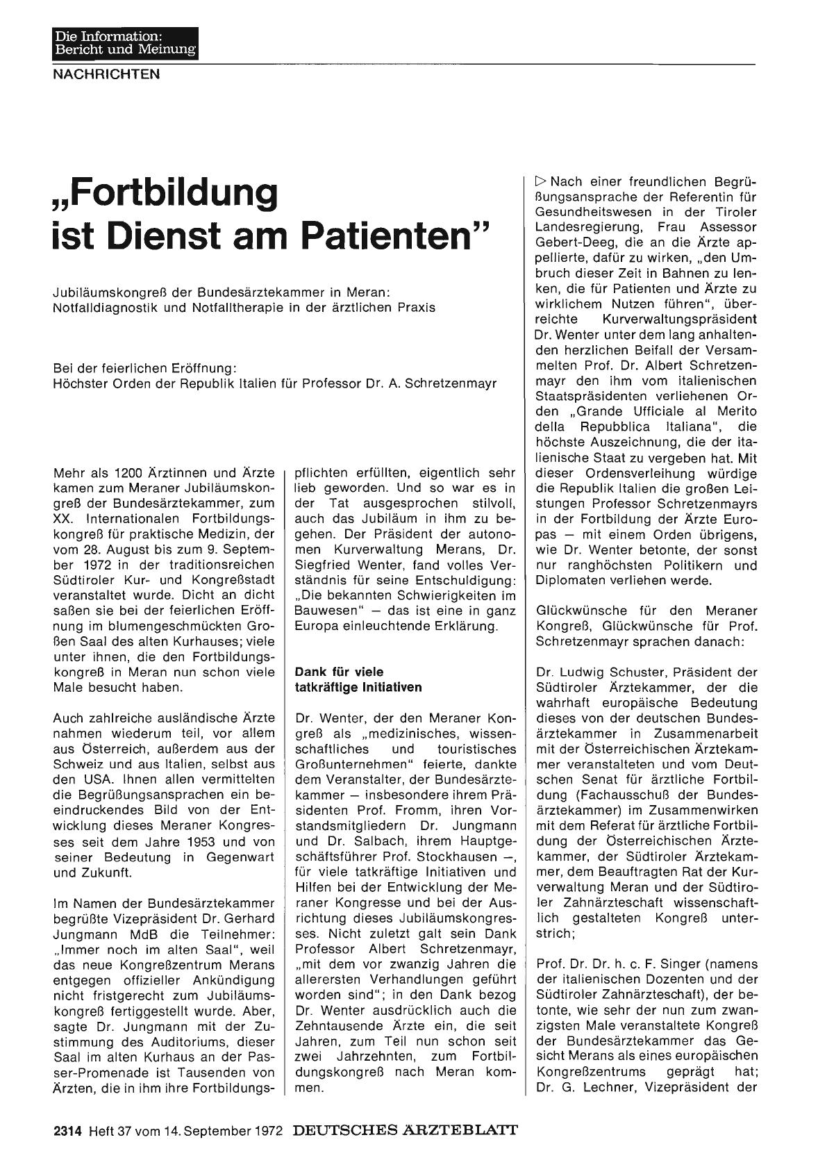 Vorschauseite 1: „Fortbildung ist Dienst am Patienten": Jubiläumskongreß der Bundesärztekammer in Meran