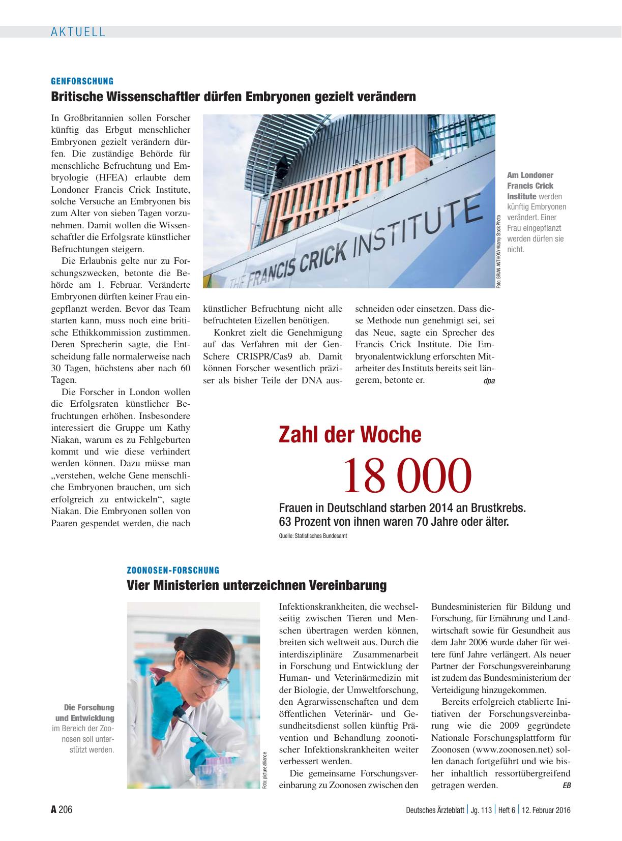 Vorschauseite 1: Genforschung: Britische Wissenschaftler dürfen Embryonen gezielt verändern