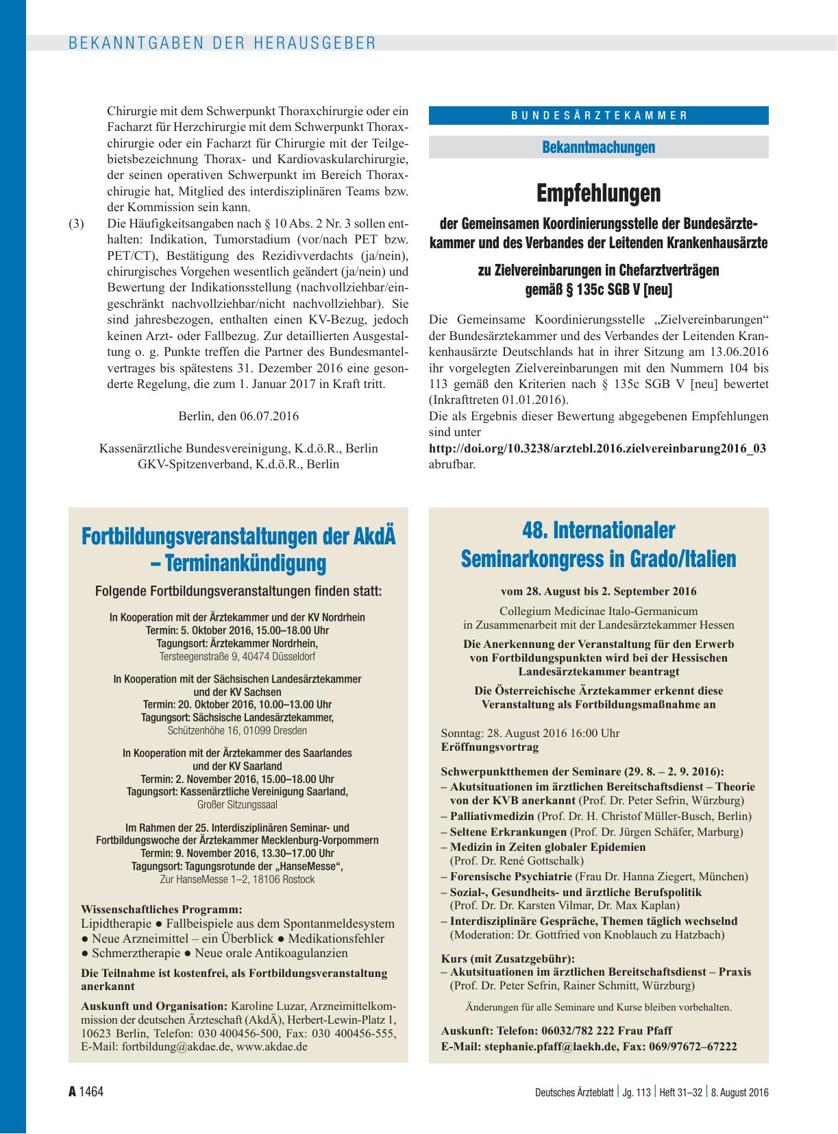 Vorschauseite 1: Empfehlungen der Gemeinsamen Koordinierungsstelle der Bundesärztekammer und des Verbandes der Leitenden Krankenhausärzte zu Zielvereinbarungen in Chefarztverträgen gemäß § 135c SG…